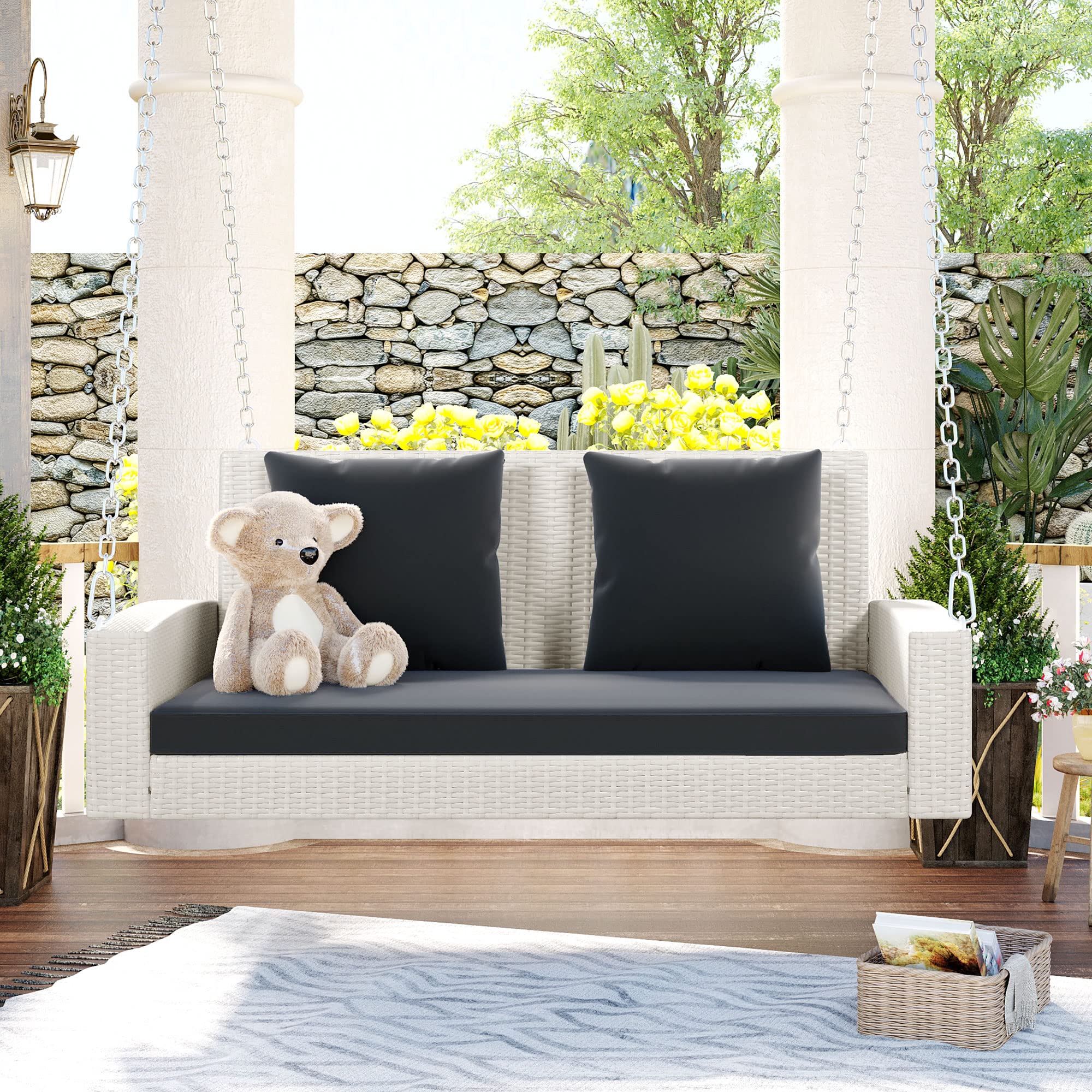 Polibi 2-Seat Rattan Swing Bench with Chains & Cushion Pillow - White Wicker Grey Cushions - Outdoor Porch Swing for Garden, Backyard, Pond, Patio - Perfect for Relaxing, Reading & Enjoying Nature