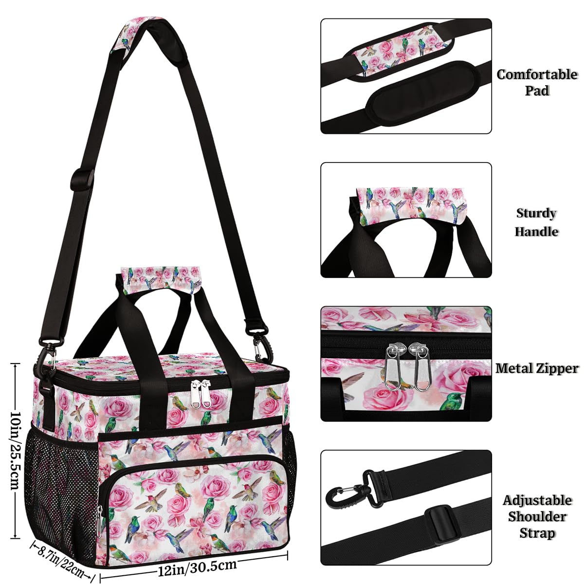 Insulated Lunch Bag with Adjustable Shoulder Strap - Leakproof Reusable Cooler Tote for Women & Men | Hummingbird Floral Design | Large Freezable Lunch Box for Work, Picnic, Beach & Outdoor Activities