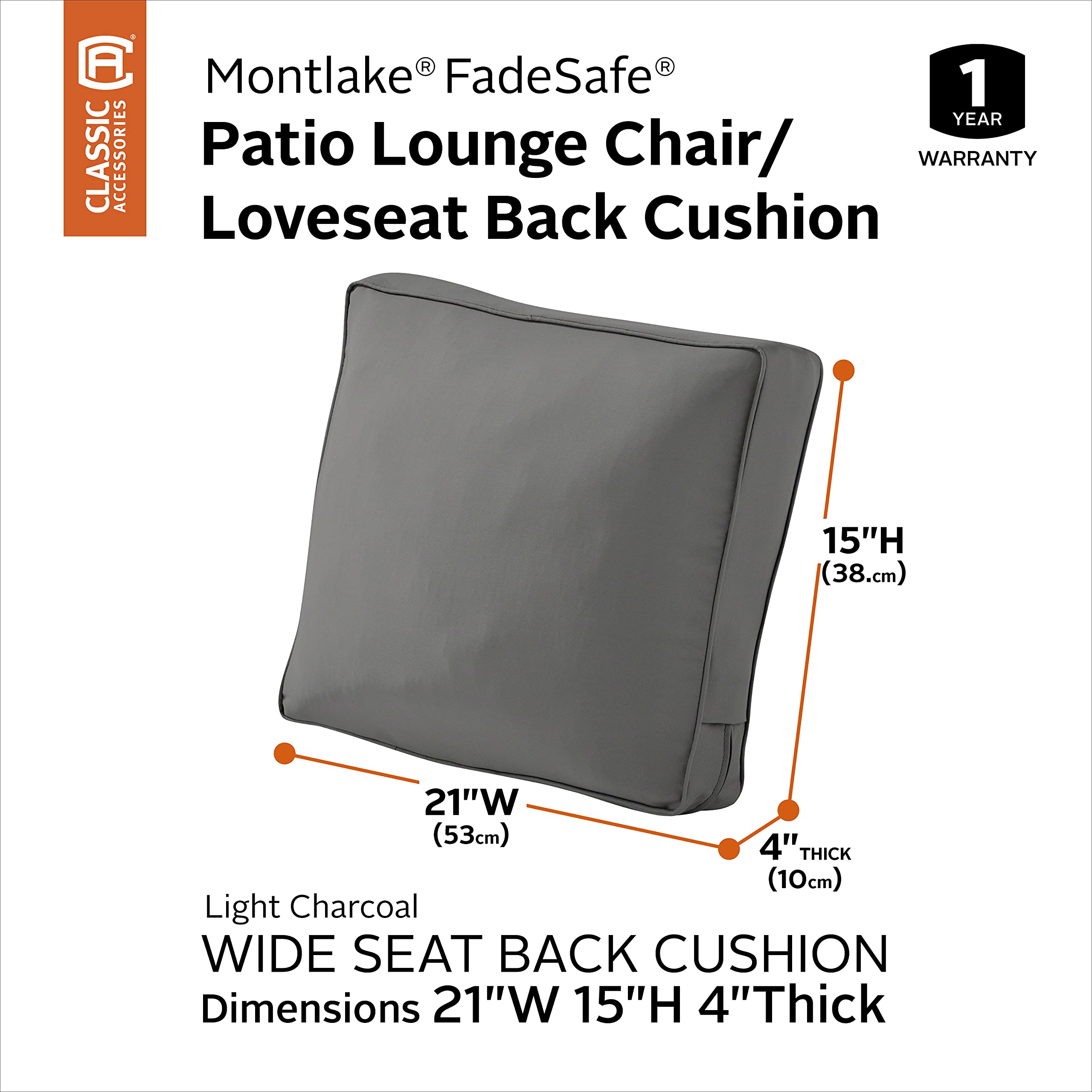 Classic Accessories Montlake FadeSafe Patio Lounge Chair & LoveSeat Cushion - 21x15x4 Inches - Light Charcoal - Outdoor Furniture Cushion for Deck, Poolside & Garden Relaxation