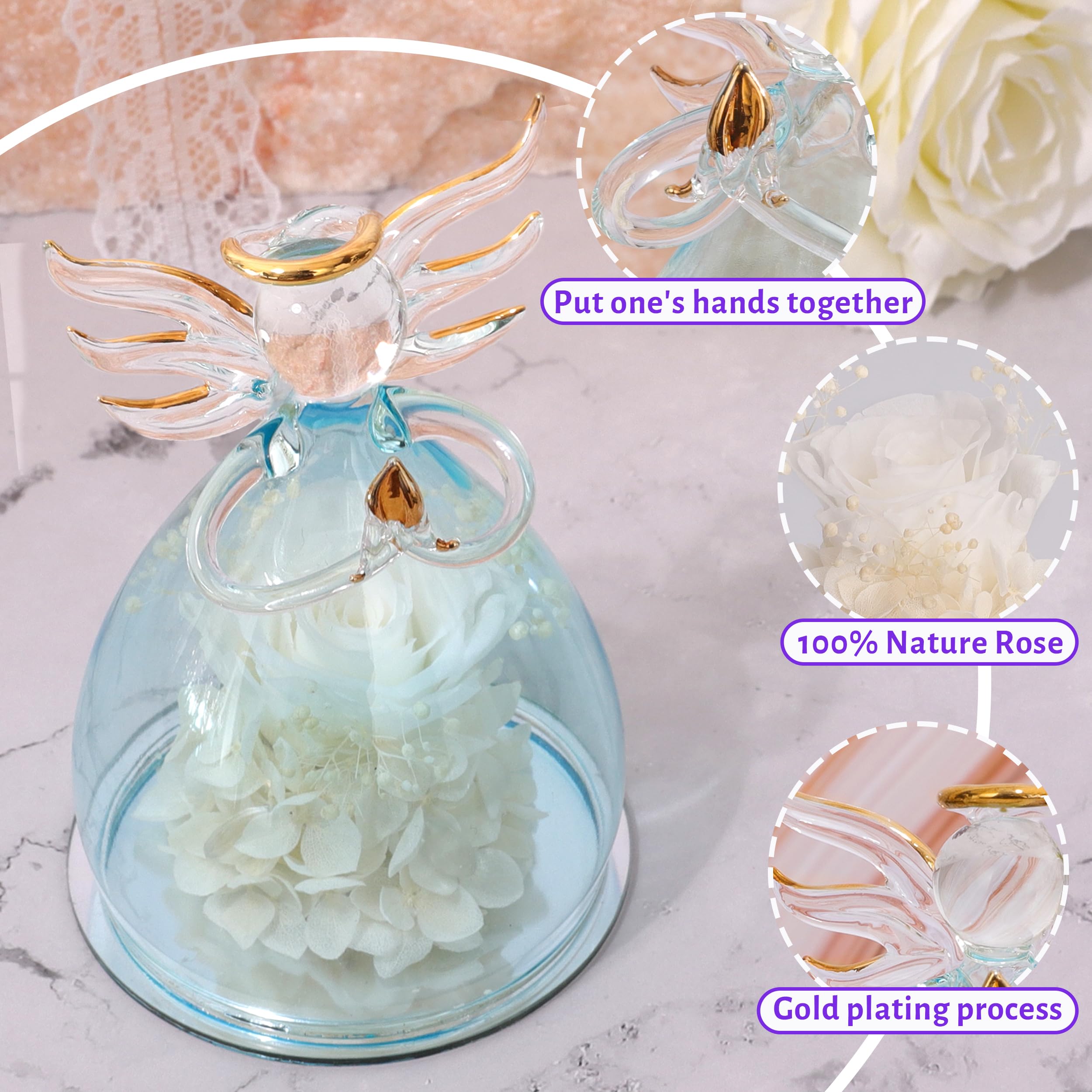 ANLUNOB Glass Angel with Rose Inside - Thoughtful Birthday Gift for Grandma & Mom, Anniversary, Wedding, Christmas, Thanksgiving, Mother's Day - Elegant White Rose Keepsake for Her - Perfect for Home Decor, Special Occasions & Heartfelt Moments