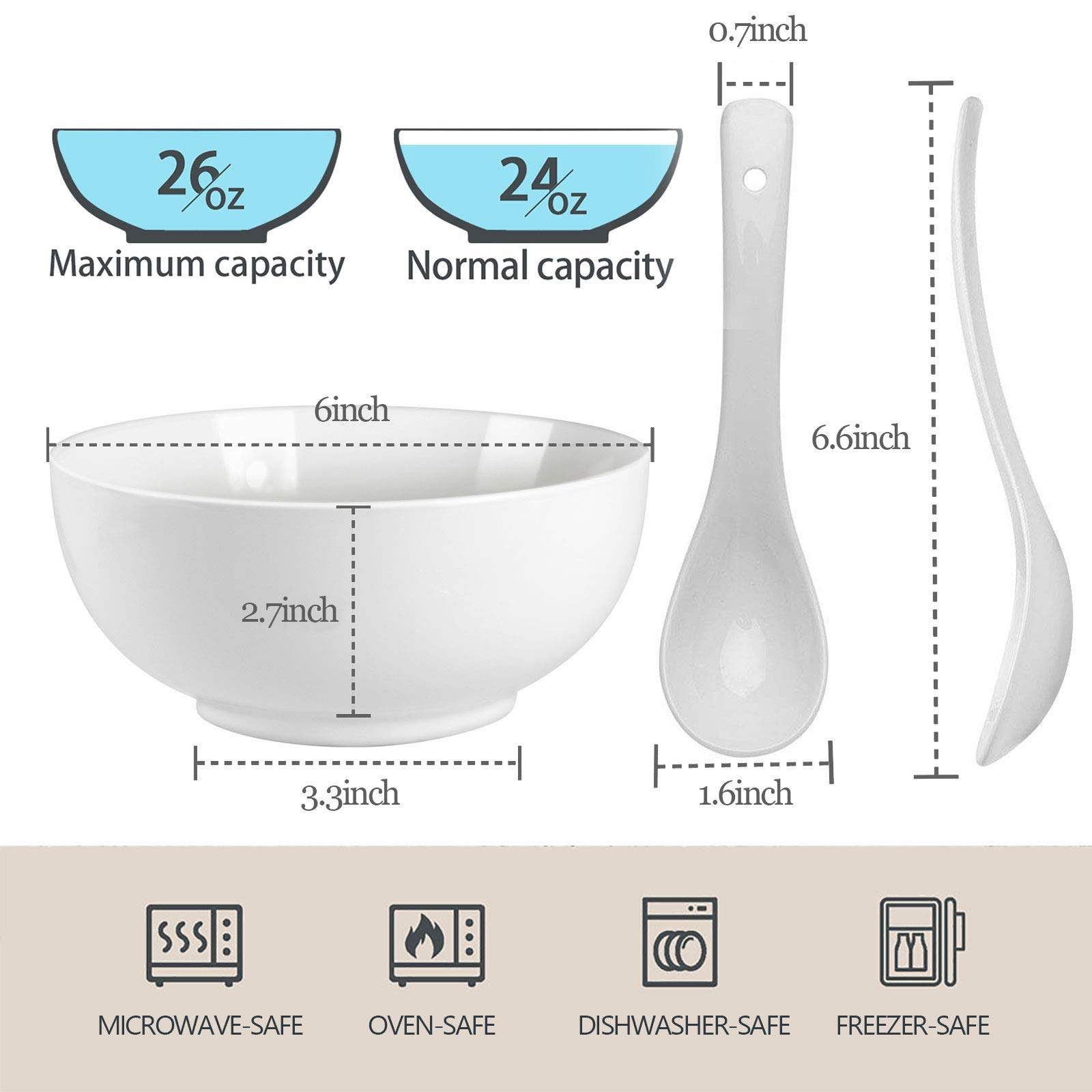 Artena 4-Piece Elegant White Pasta Bowl Set & 4-Piece Asian Soup Bowl Set with Spoons - Perfect for Italian Pasta, Asian Noodles, and Family Dining
