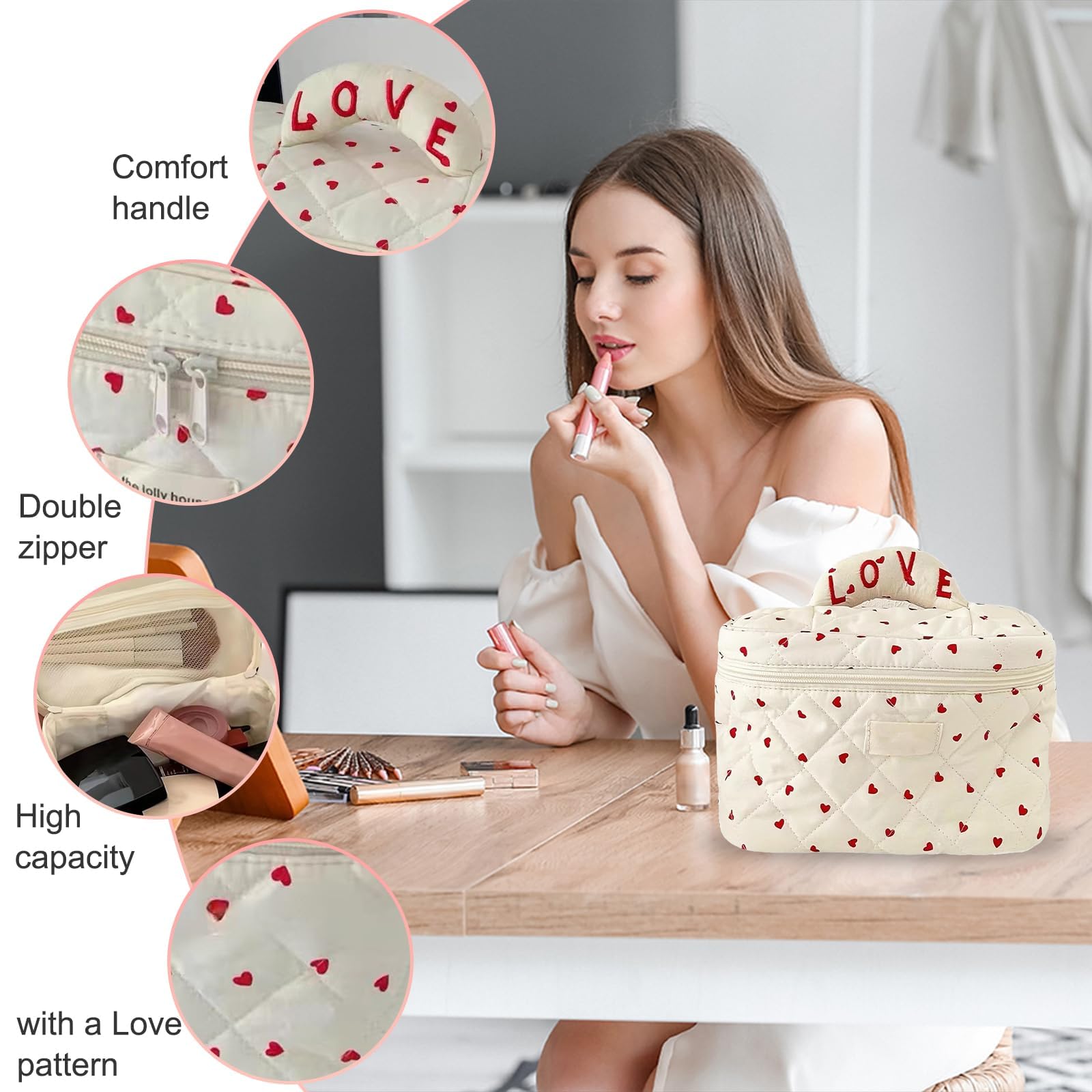 Quilted Makeup Bag for Women - Large Heart Pattern Cosmetic Organizer, Soft Cotton Travel Toiletry Bag with High Capacity (Red) | Perfect for Travel, Gym, and Daily Beauty Essentials Storage