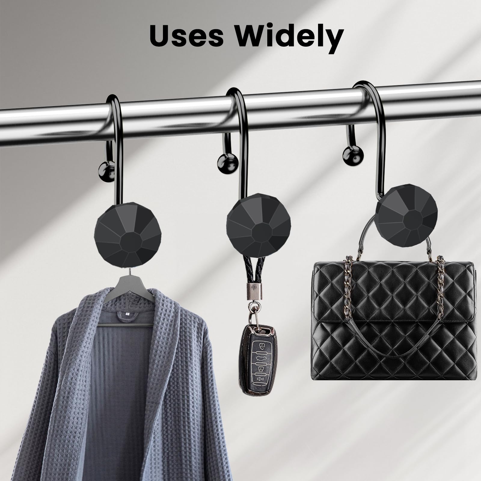 12PCS Diamond Crystal Shower Curtain Hooks - Black Bathroom Decor for Shower Curtains & Rods - Elegant Diamond Shaped Hooks for Stylish Bathroom Upgrade - Perfect for Home, Hotel, and Spa Decor