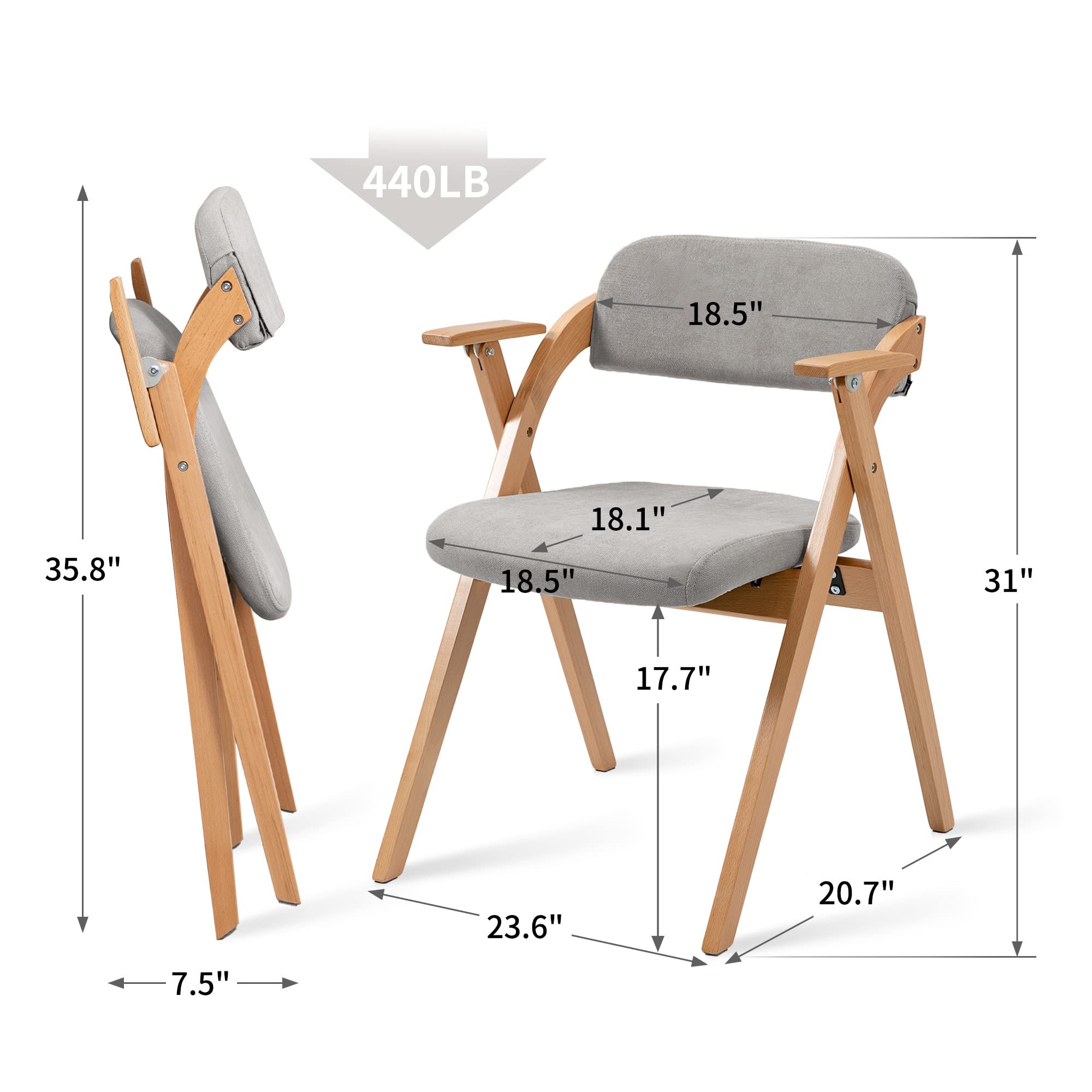 HOMEFUN 2-Pack Wooden Folding Chairs with Armrests & Padded Seats - Stackable Space-Saving Dining Chairs for Kitchen, Office, Wedding, Party & Guest Seating (Gray) - Perfect for Indoor & Outdoor Events, Home Decor & Compact Living Spaces