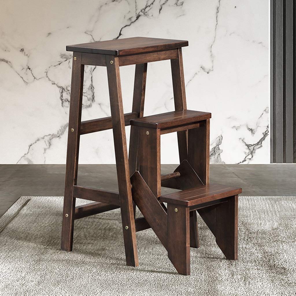 3-Step Folding Wooden Step Stool for Bedroom & Kitchen - Walnut Color, Compact Storage, Multi-Purpose Foot Stool & Plant Stand - Perfect for Home, Office, and Small Spaces