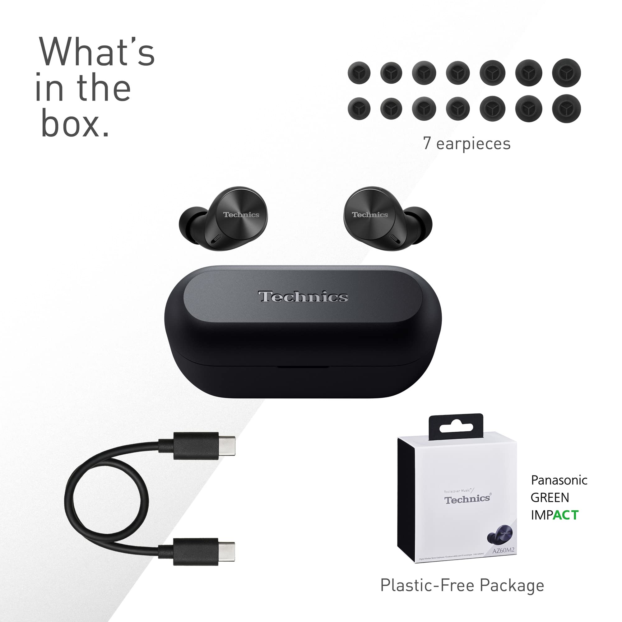 Technics EAH-AZ60M2 Premium Wireless Earbuds with Active Noise Cancelling, Multipoint Bluetooth for 3 Devices, Comfortable In-Ear Design, Wireless Charging Case (Black) - Perfect for Travel, Workouts & Commuting
