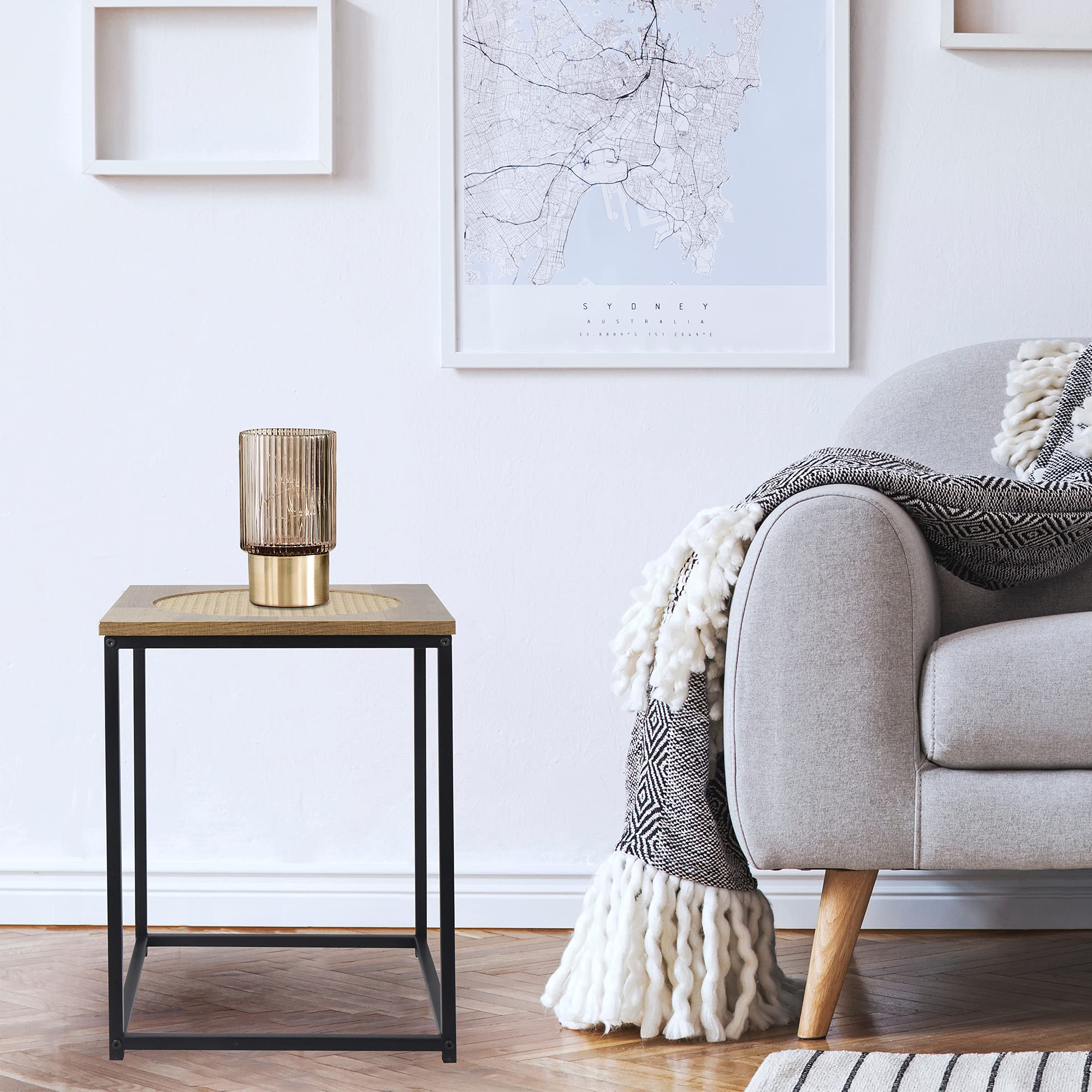 GIA Modern Wood and Rattan Side Table with Metal Frame - Small Accent Table for Living Room, Bedroom, or Patio - Perfect for Coffee, Books, and Decor