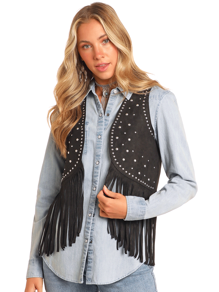 Rock & Roll Denim BW98C04549 Women's Studded Fringe Vest Black - Perfect for Concerts, Music Festivals & Biker Fashion