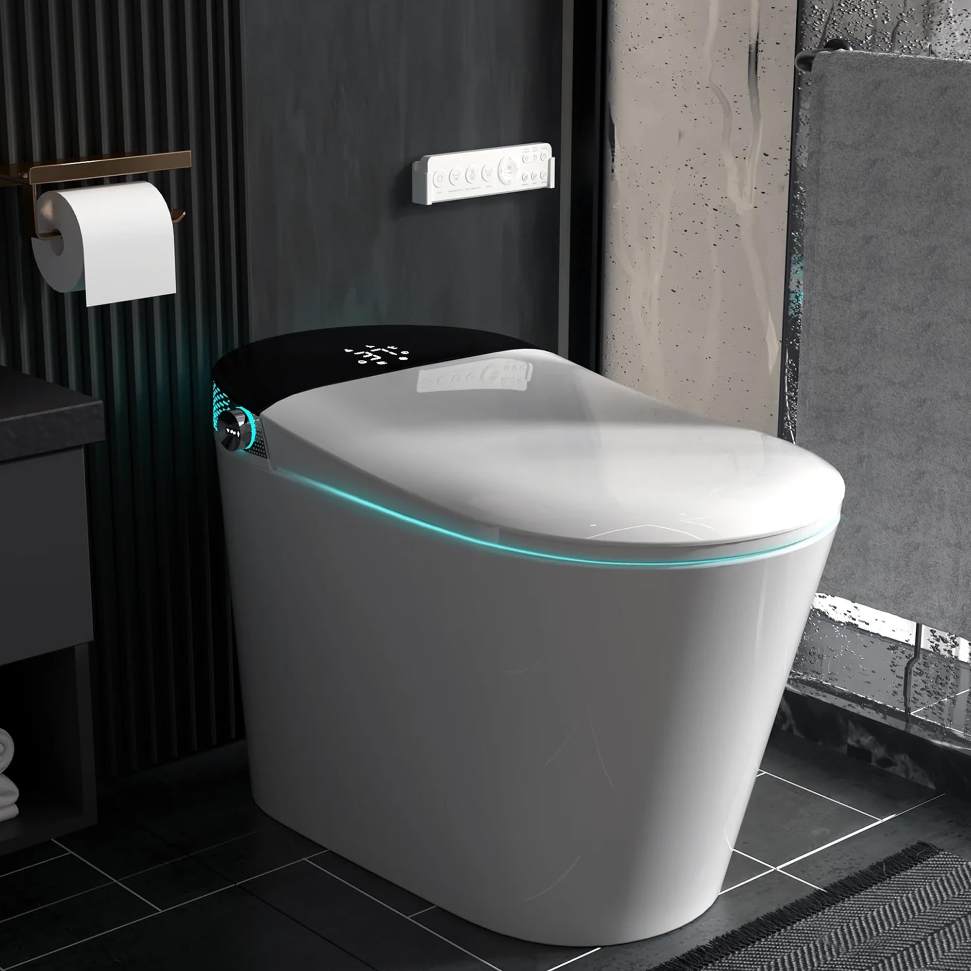 Smart Toilet Bidet with Built-in Tank - Auto Open/Close Lid, Heated Seat, Warm Water Spray & Dryer - Foot Sensor, Remote & Knob Control - LED Nightlight - Perfect for Modern Bathrooms & Luxury Homes