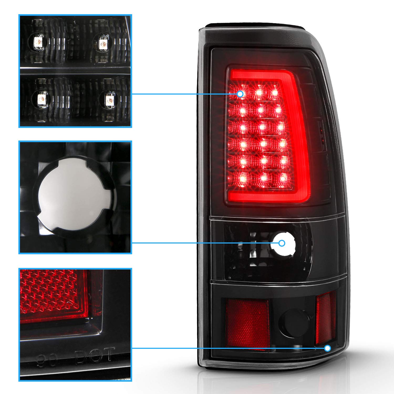 AmeriLite LED Tail Lights for 2003-2006 Chevy Silverado 1500/2500/3500 - Clear Black C-Type Replacement Brake Lamps (Pair) - Left & Right Side - Upgrade Your Truck's Style & Safety for Night Driving