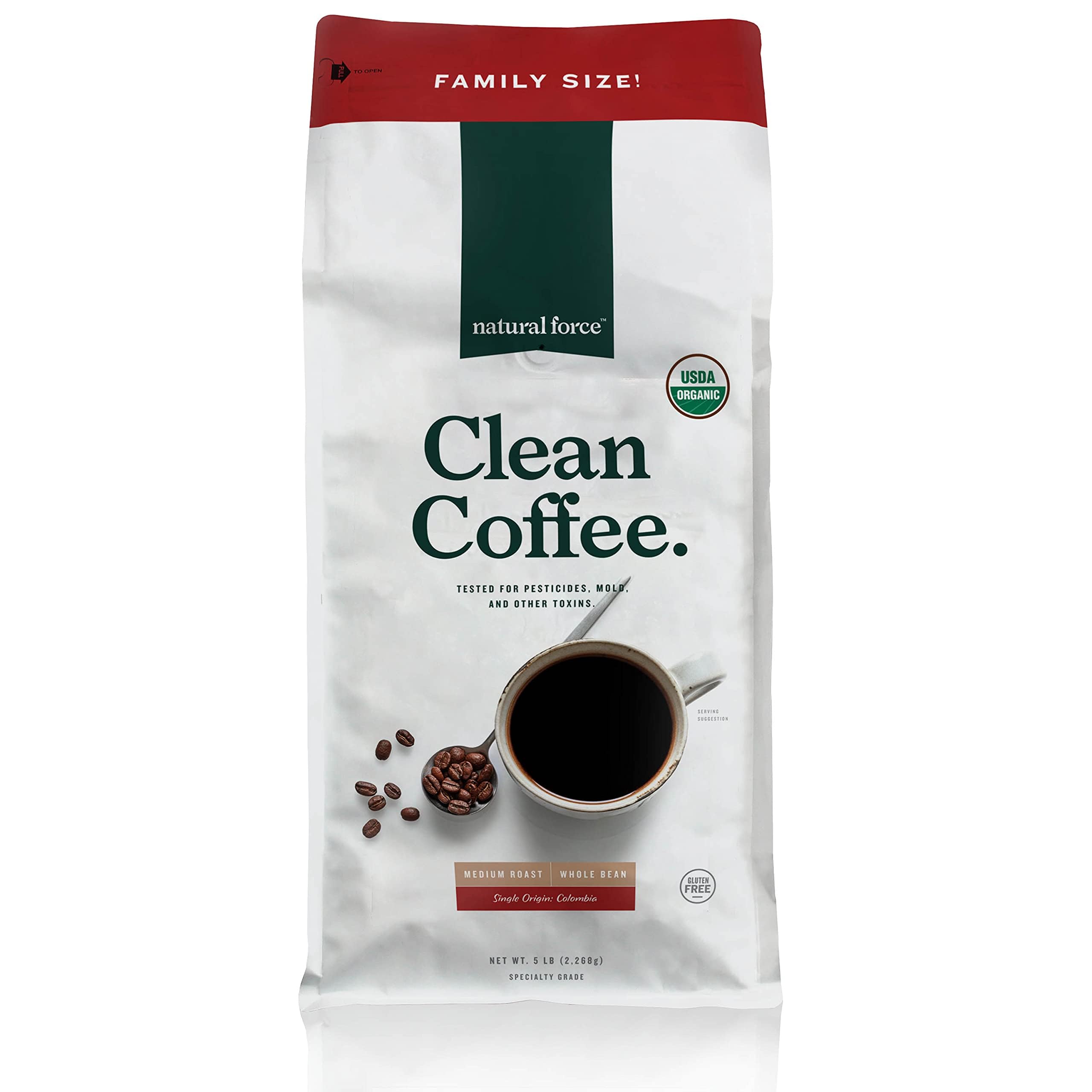 Natural Force Organic Clean Coffee Classic - Mold & Mycotoxin Free, Lab Tested for Purity, Low Acidity Whole Bean Medium Roast (5 lbs) | Great for Home Brewing, Office Use & Gifts