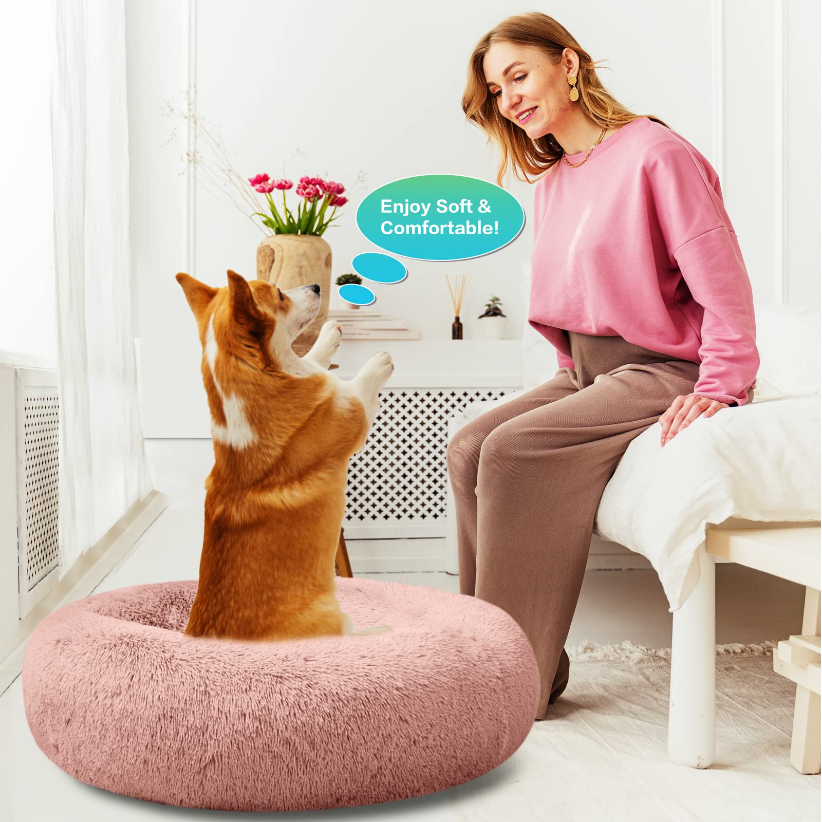 SAVFOX Plush Calming Donut Dog Bed for Small, Medium, Large & X-Large Dogs - Ultra Soft Faux Fur Washable Pet Bed for Dogs & Cats (Sizes S-XXL) - Perfect for Anxiety Relief, Cuddling & Cozy Napping in Living Room or Bedroom