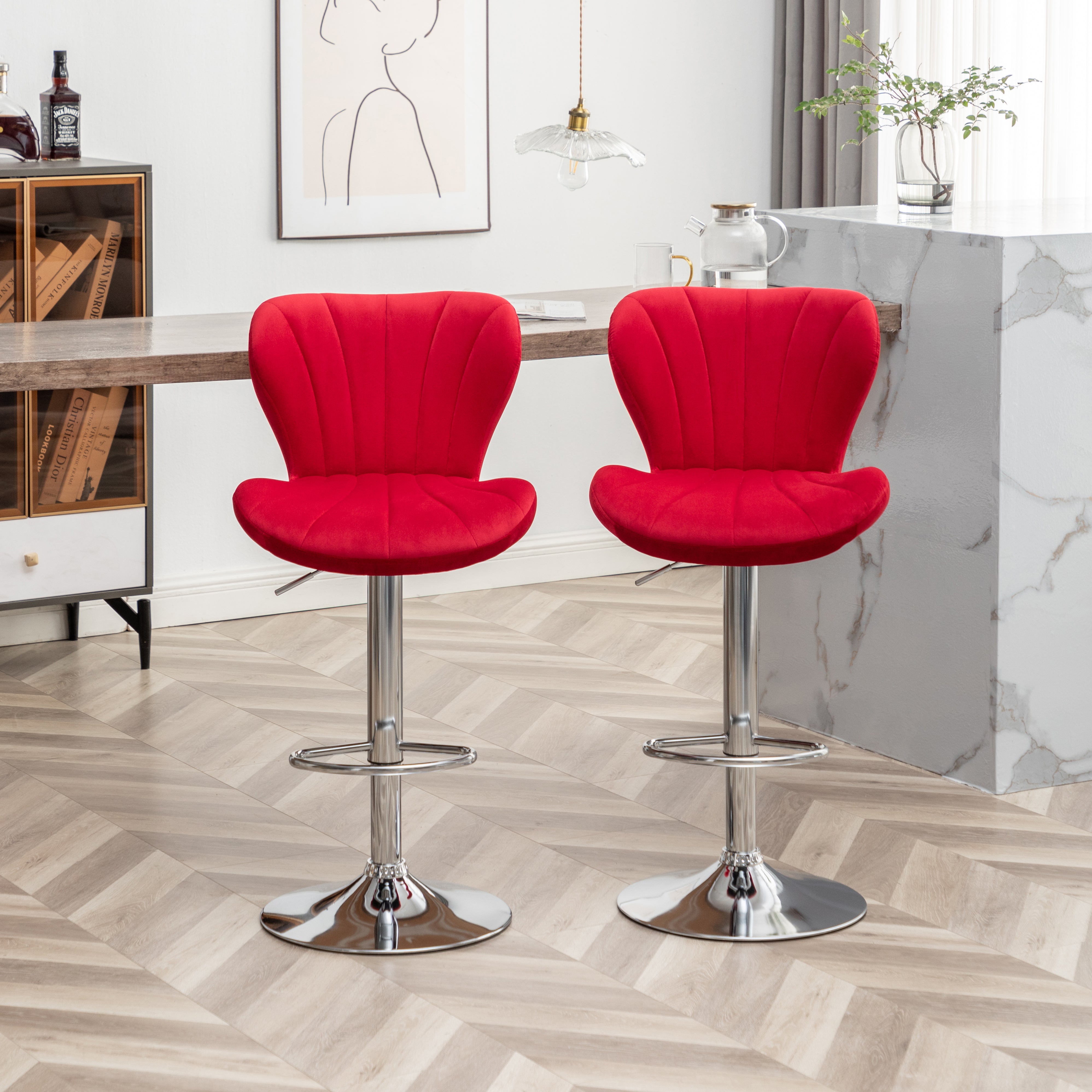 Roundhill Furniture Ellston Upholstered Adjustable Swivel Bar Stools - Set of 2, Red Velvet Counter Height Stools for Kitchen Island, Breakfast Bar & Home Decor