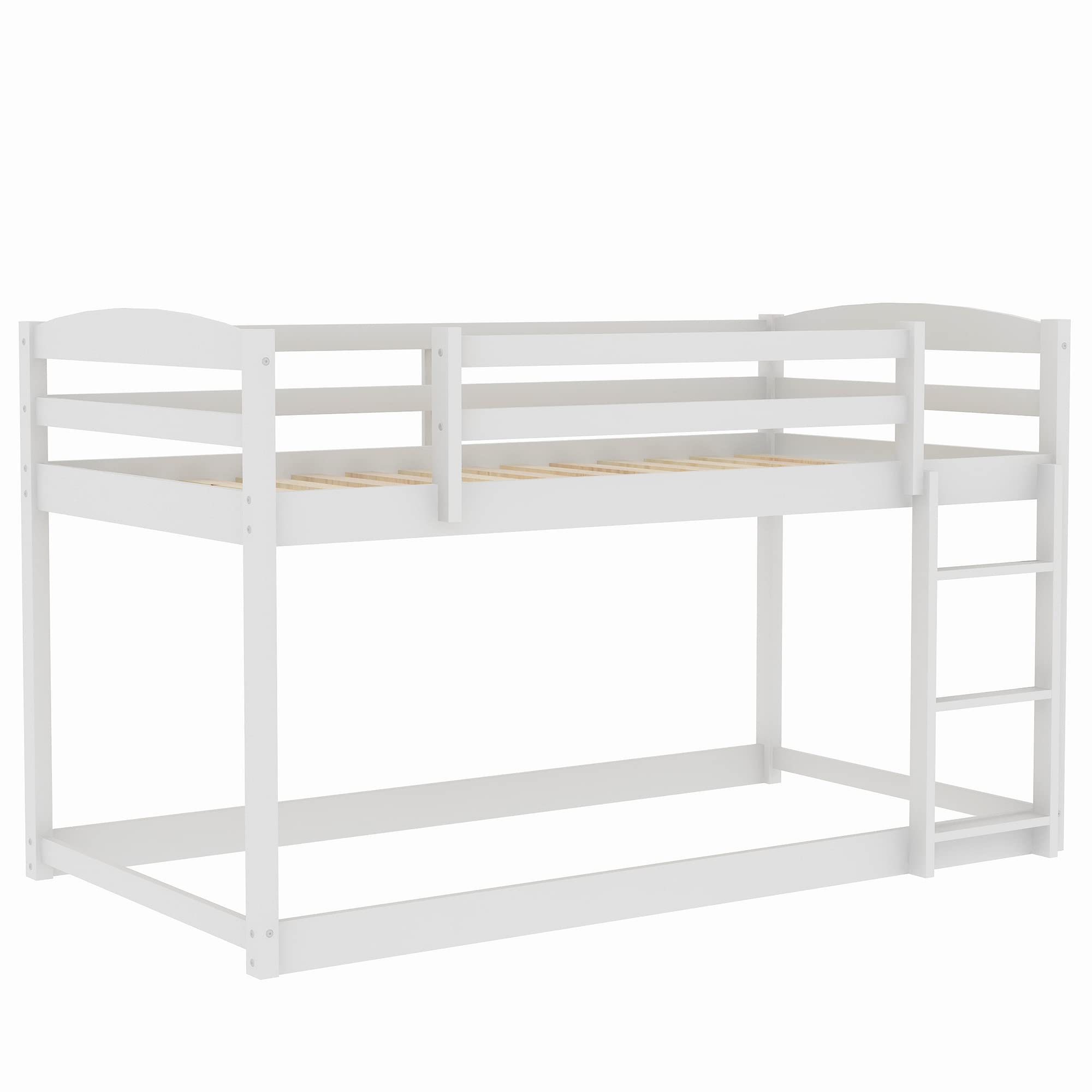 TOPAMZER Twin Over Twin Bunk Bed with Ladder - Solid Pine Wood Low Profile Bed Frame with Safety Guardrails for Kids & Teens - No Box Spring Required (White) - Perfect for Small Bedrooms, Dorms & Shared Kids' Rooms