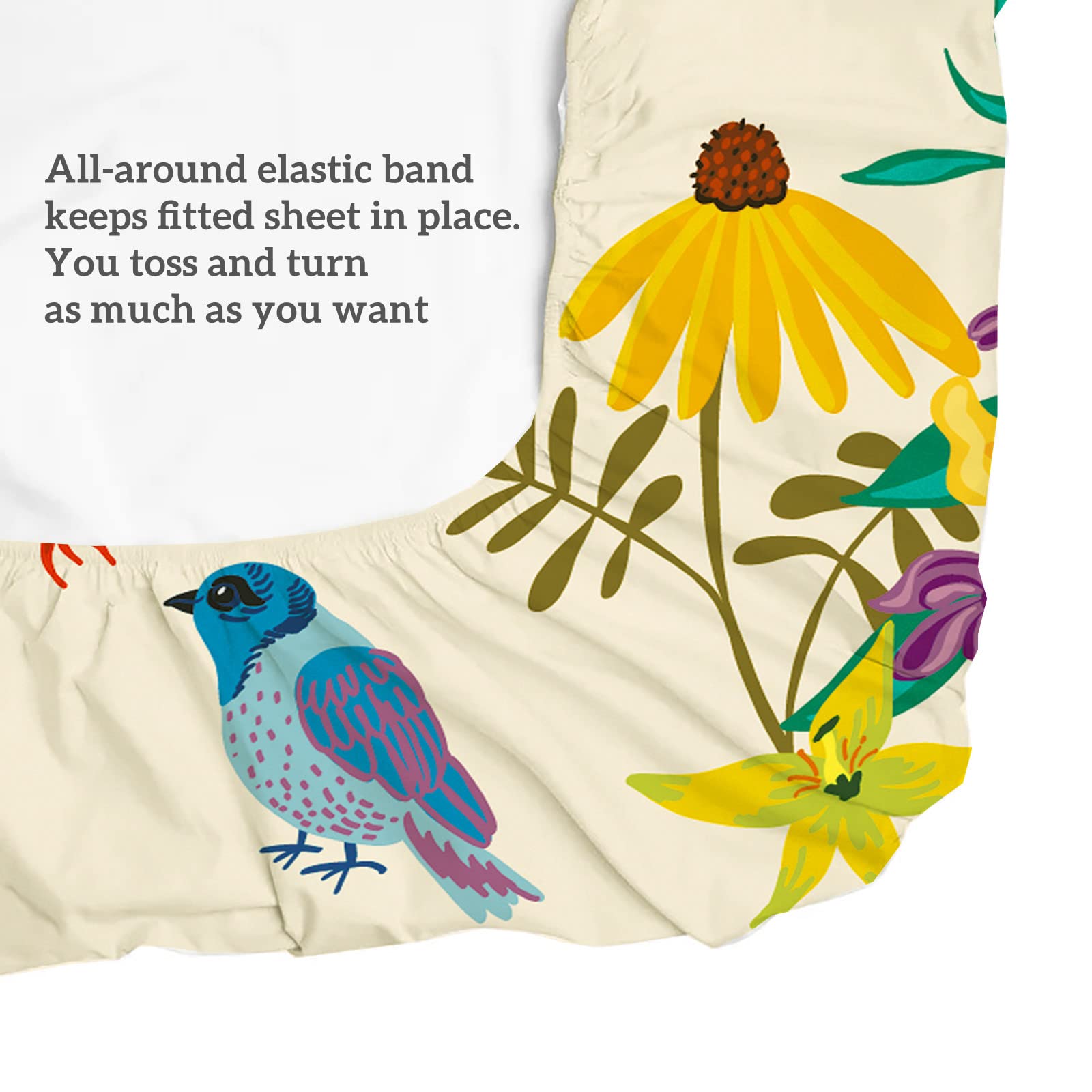 Floral Queen Bed Sheets Set - Cream Botanical Branches & Birds Pattern, 4-Piece Deep Pocket Sheets with 2 Pillowcases, Ultra Soft Cotton for Cozy Bedroom Decor | Perfect for Master Bedroom, Guest Room & Dorm