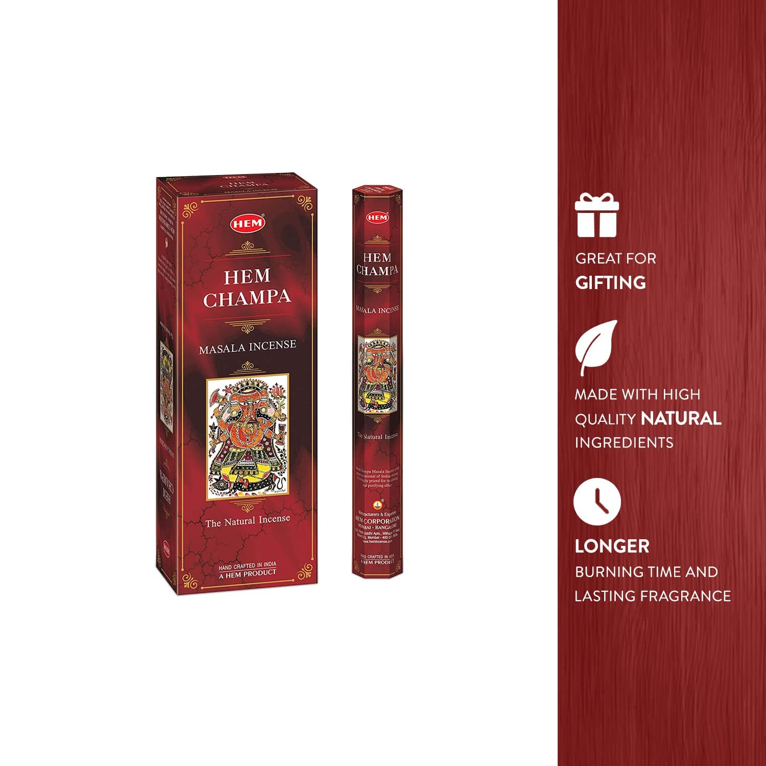 HEM Champa Masala Incense Sticks - 120 Count Pack | Natural Aromatherapy for Meditation, Yoga & Spiritual Relaxation | Air Freshener for Home, Office & Sacred Spaces | Perfect Gift Set (301g Each)