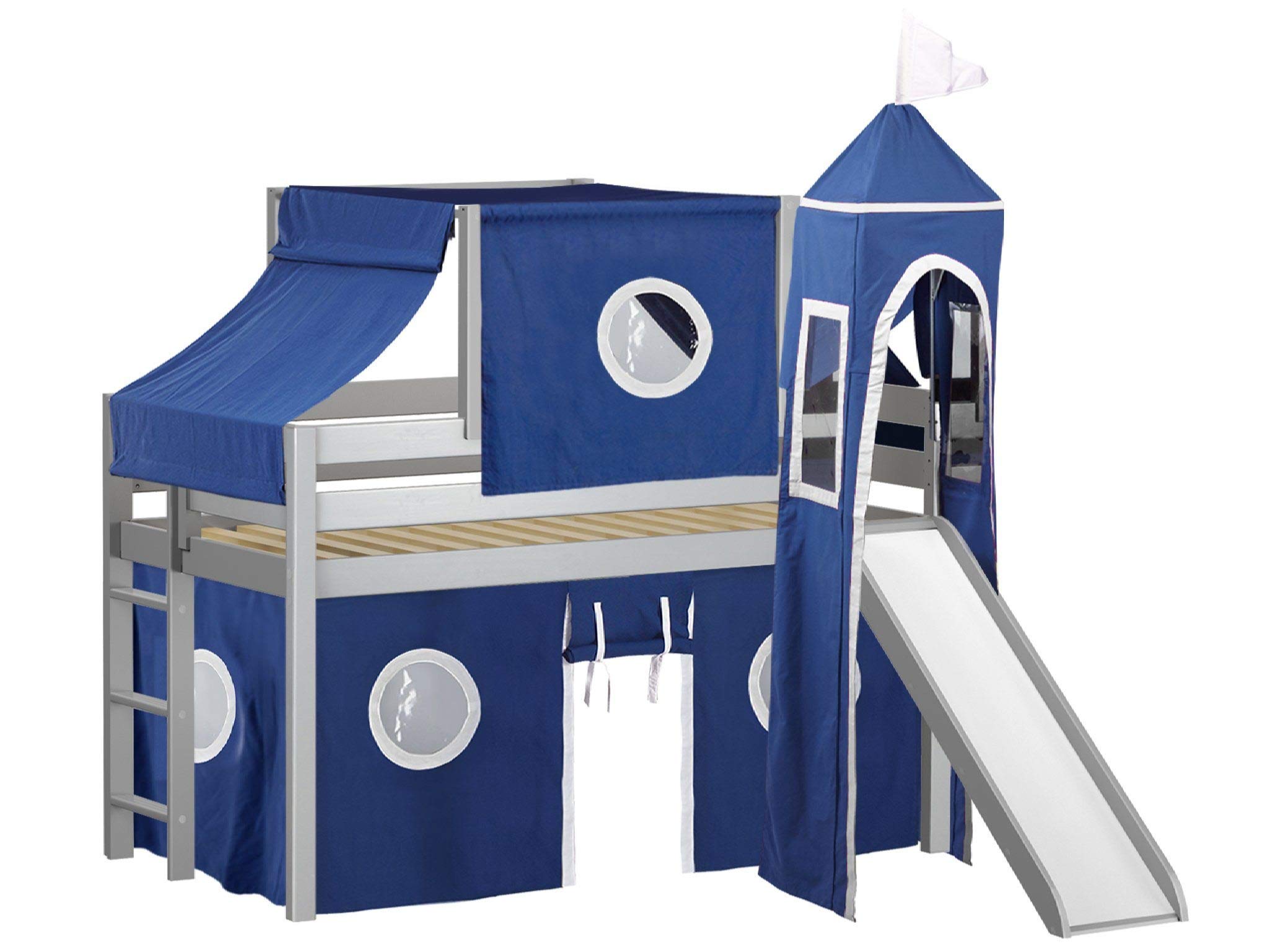 JACKPOT! Twin Size Gray Castle Low Loft Bed with Slide - Blue & White Play Tent & Tower for Kids | Perfect for Bedrooms, Playrooms & Imaginative Play