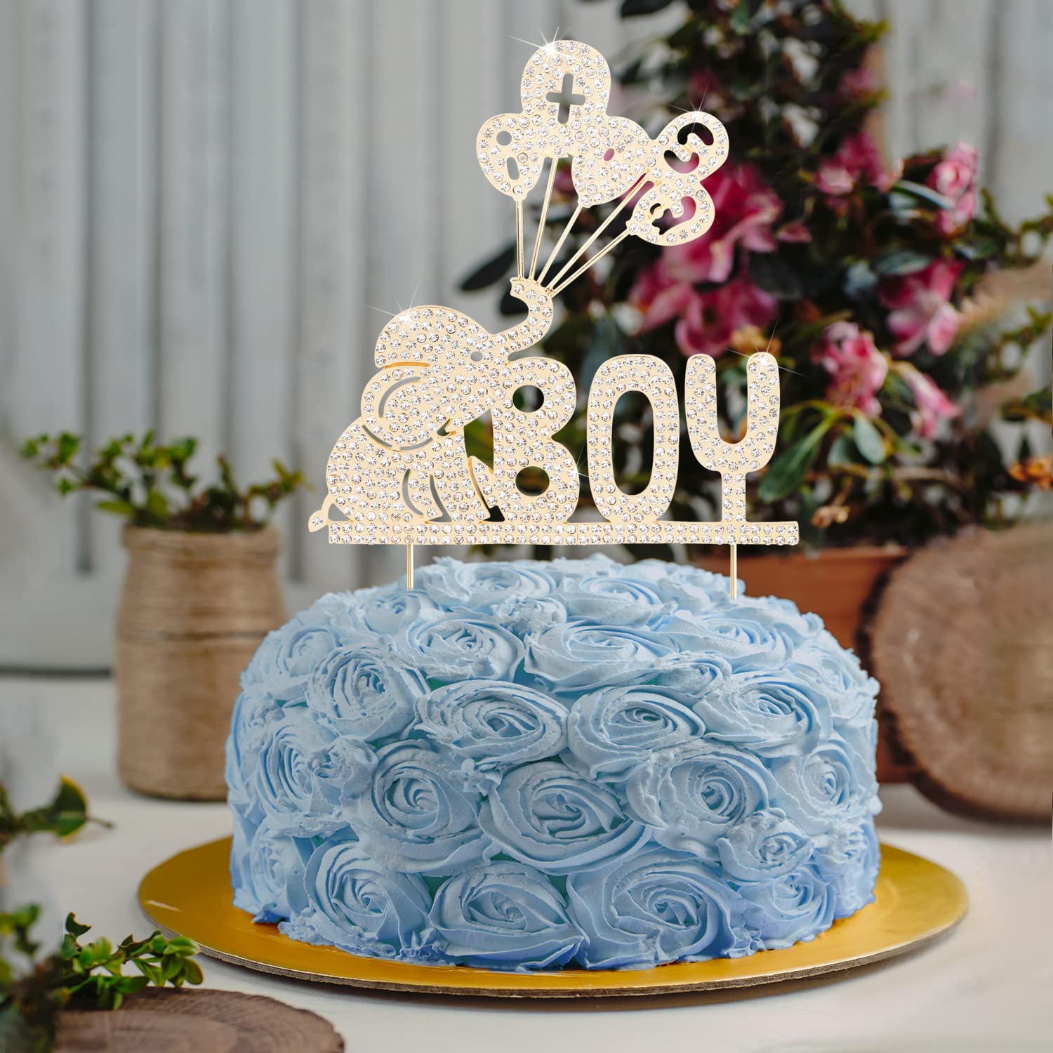 LINGTEER Gold Elephant Baby Boy Cake Topper with Rhinestones - Cheers to Sweet Baby Boy, Baby Shower & First Birthday Party Decorations - Perfect for Baby Shower Centerpieces, Gender Reveal Parties, and 1st Birthday Celebrations