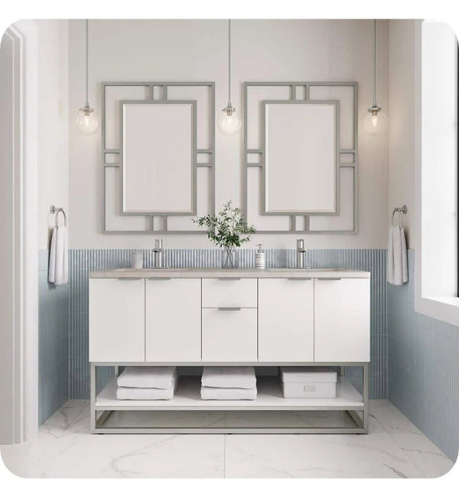 Brenlyn 60 Inch Glossy White Bathroom Vanity with Sink - Modern Double Storage Cabinet for Bathroom Remodel & Home Decor