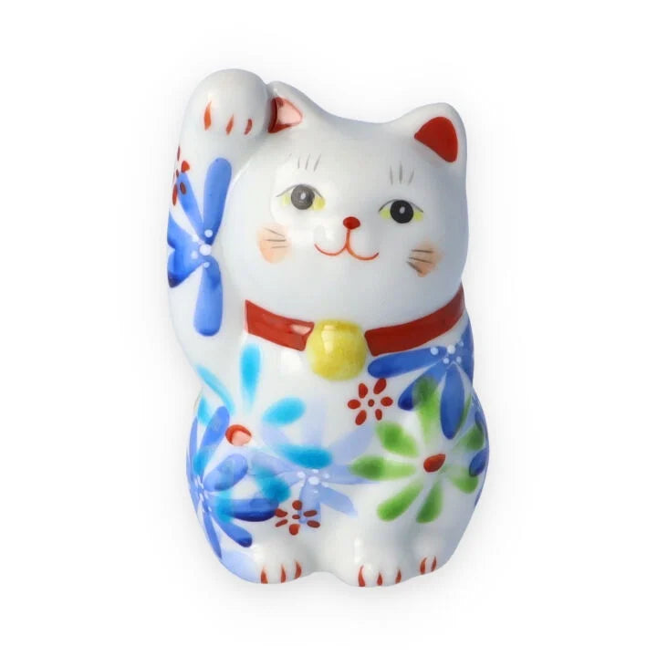 Authentic Kutani Yaki Japanese Maneki Neko Lucky Cat Figurine - Blue Floral Design | Handcrafted Ceramic Beckoning Cat for Home Decor, Office Feng Shui & Japanese Culture Enthusiasts