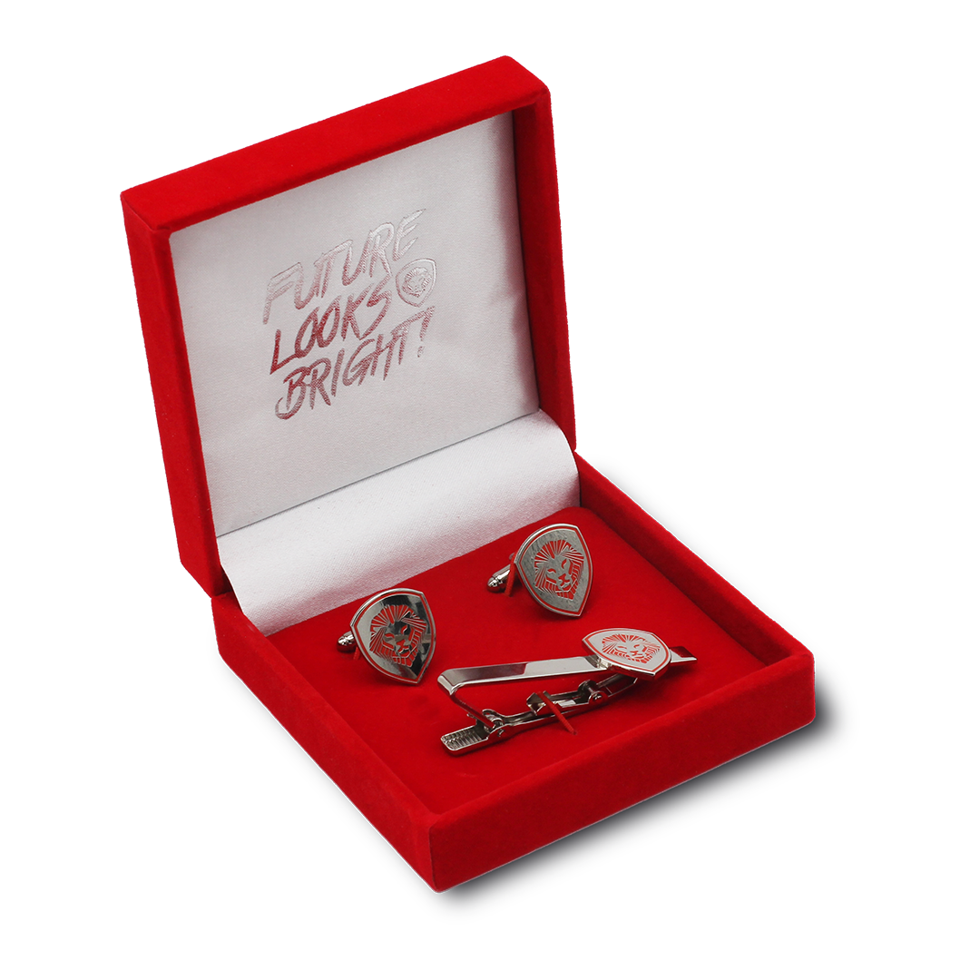 Lion Shield Valuetainment Red & Silver Cufflink & Tie Bar Set for Men - Premium Dress Accessories for Business, Weddings & Formal Events