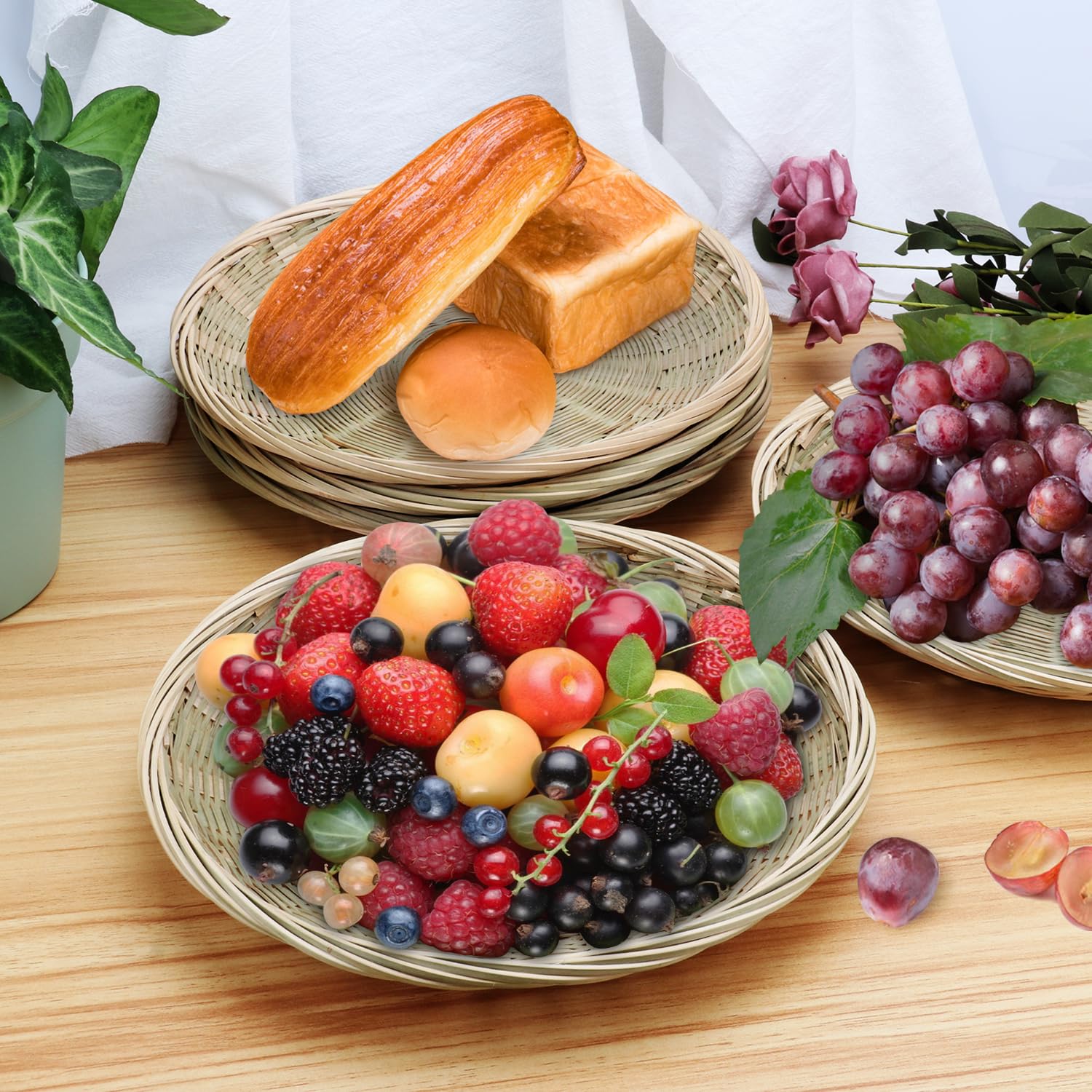 GNIEMCKIN 5-Pack 9.8 Inch Bamboo Plate Holders - Handwoven Wicker Serving Trays for Parties, Picnics, BBQ - Reusable & Eco-Friendly - Perfect for Outdoor Dining, Wedding Buffets, and Holiday Entertaining