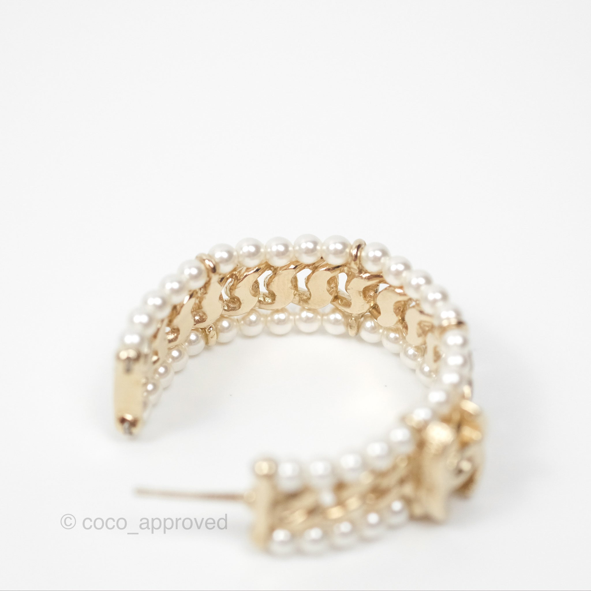 Chanel CC Pearl Hoop Earrings in Gold Tone - Luxury Fashion Jewelry for Women | Perfect for Parties, Weddings & Special Occasions