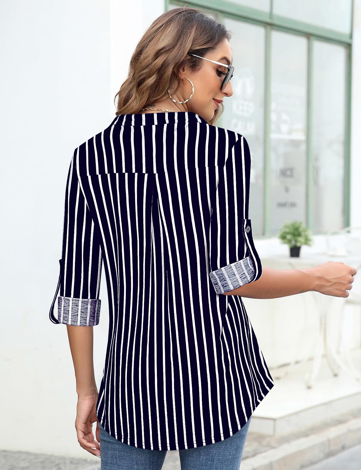 Women's Casual Long Sleeve Plaid Tunic Blouse with Zipper V-Neck - Stylish Fall & Winter Layering Top for Work, Office & Everyday Wear