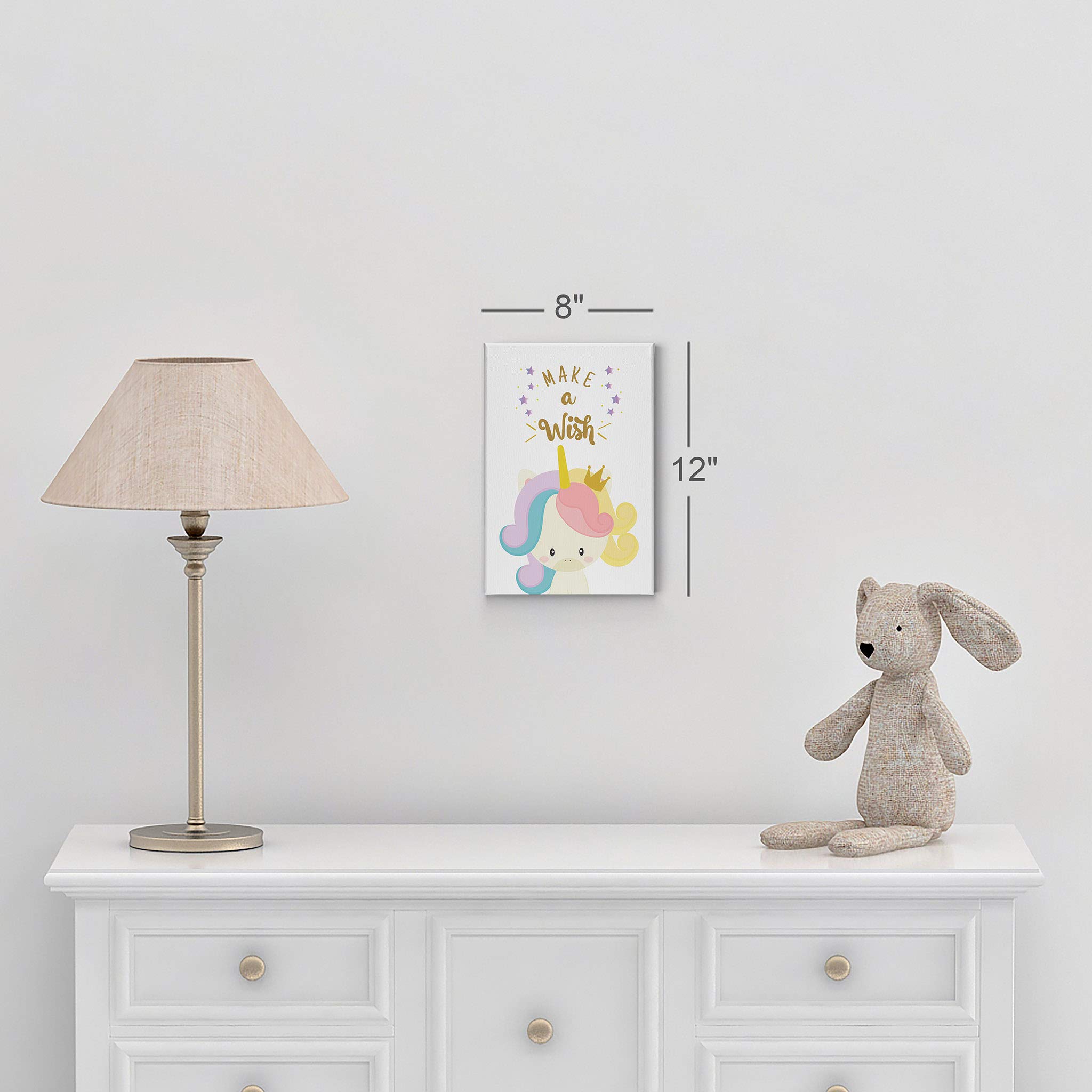 Smile Art Design Cute Unicorn Wall Art Canvas Print - 12x8 Inches, Ready to Hang, Made in USA - Inspirational 'Make a Wish' Quote for Kids Room, Nursery & Baby Room Decor - Perfect Gift for Unicorn Lovers & Birthday Presents