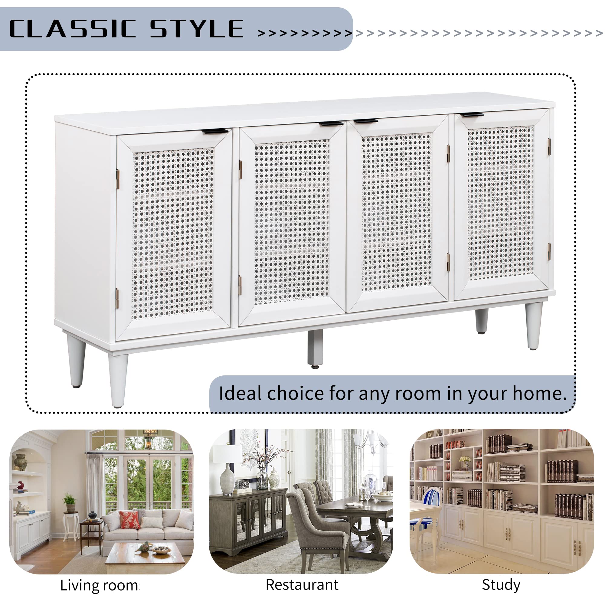 Modern Rattan Buffet Sideboard Cabinet with Natural Rattan Doors - Wood Entryway Console Table & Storage Cabinet for Living Room, Dining Room, Hallway - Perfect for Home Decor, Entertaining & Organizing (White)