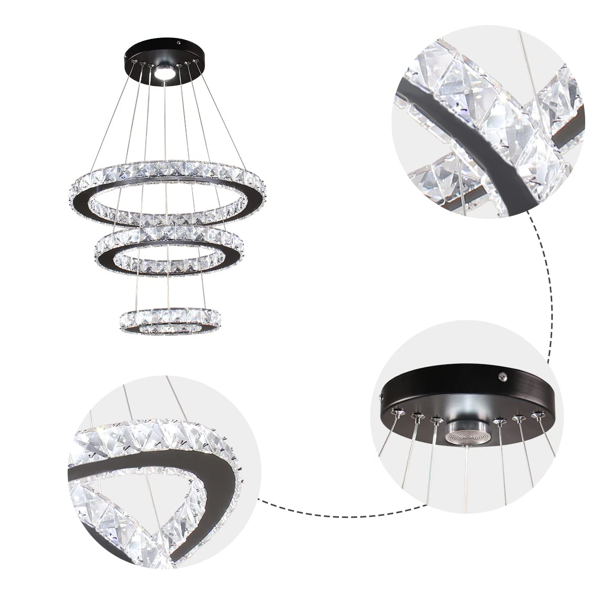 Modern LED Crystal Black Chandelier - 3-Tier Adjustable Height Pendant Light Fixture for Dining Room, Bedroom & Living Room (Cool White) | Elegant Ceiling Lighting for Home Decor, Wedding Venues & Restaurants