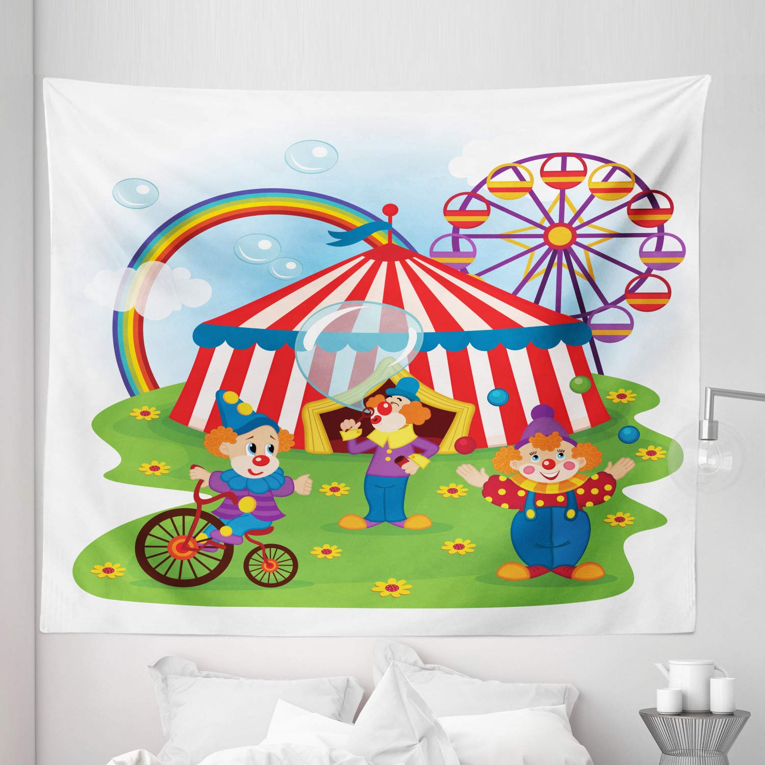 Ambesonne Circus Tapestry King Size - Colorful Clown & Ferris Wheel Wall Hanging Bedspread 104x88 Inch - Perfect for Bedroom Decor, Dorm Room, Festival Backdrop & Themed Party Decoration