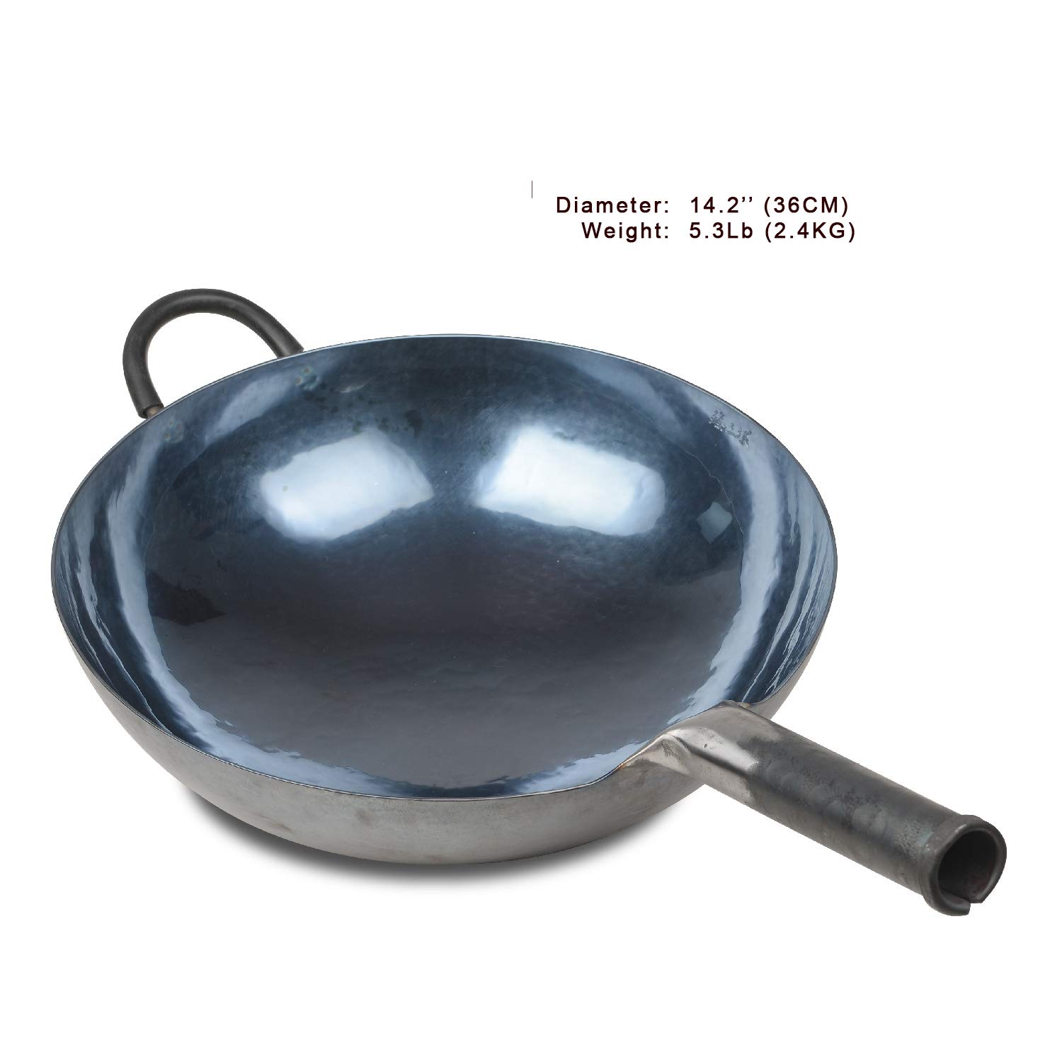 ZhenSanHuan 36cm Hand-Forged Carbon Steel Wok Pan - Traditional Chinese Hammered Iron Cookware - Blue-Black Seasoned with Helper Handle - Non-Stick, Coating-Free Stir Fry Pan - Perfect for Asian Cooking, Stir Frying & Home Kitchen Use