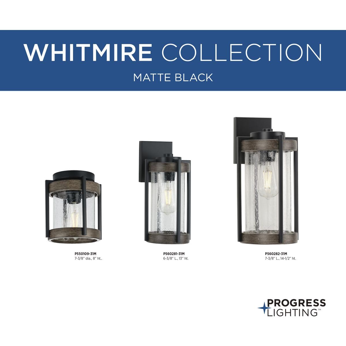 Whitmire Collection 1-Light Clear Seeded Glass Farmhouse Outdoor Wall Lantern with Aged Oak Accents in Matte Black - Perfect for Porch, Patio, Garden, and Entryway Lighting