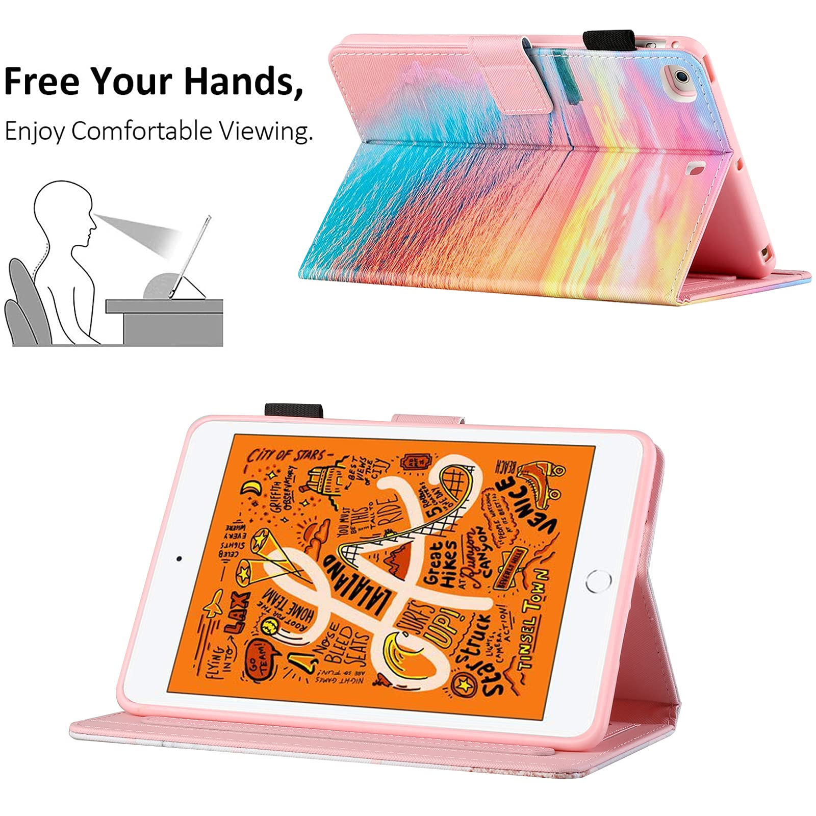 Premium PU Leather iPad Mini Case (1/2/3/4/5) - Smart Wake/Sleep, Folio Stand with Card Slot | Sunset Beach Design | Perfect for Work, Travel & Home Use