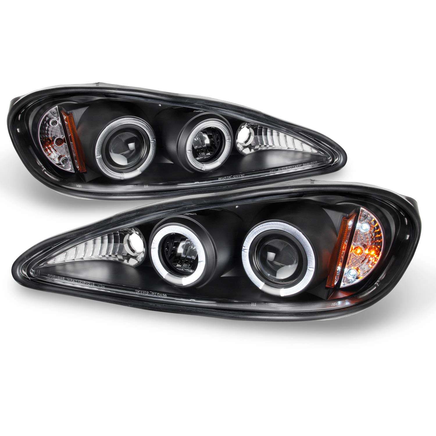 AKKON Black Bezel Dual Halo Ring Projector Headlights for Pontiac Grand AM - Replacement Front Lamps (Left/Right) - Upgrade for Night Driving & Enhanced Style