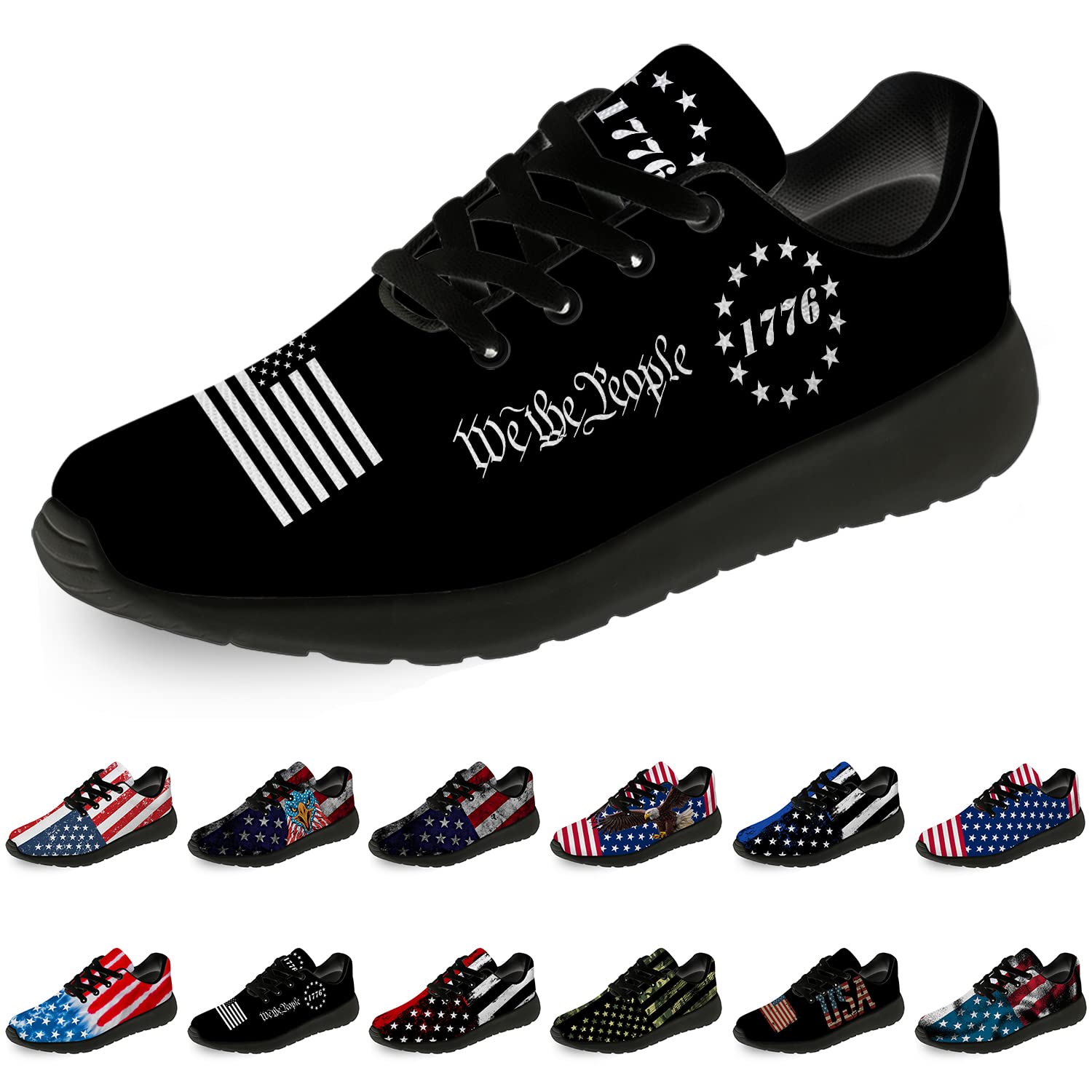 1776 Flag USA Patriotic Running Shoes for Men & Women - Betsy Ross Flag Sneakers for Walking, Tennis & Casual Wear - Size 13 Men/15.5 Women Black - Perfect Independence Day Gifts for Him & Her