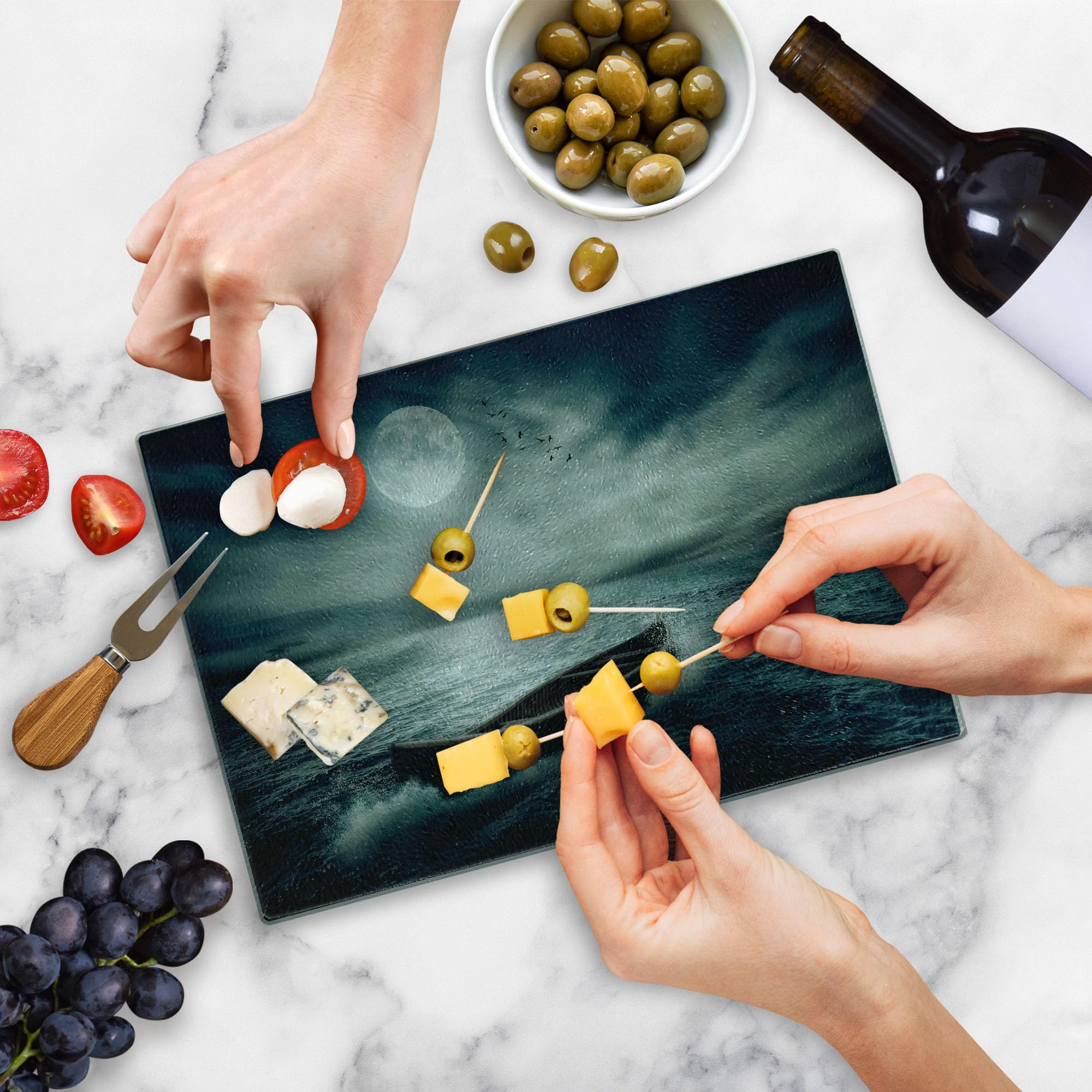 Ambesonne Fishing Themed Tempered Glass Cutting Board - Boat Drifting Under Full Moon Night Sky Design - Decorative Serving Board for Kitchen & Dining - Small Size Dark Blue & White - Perfect for Seafood Prep, Charcuterie & Home Decor
