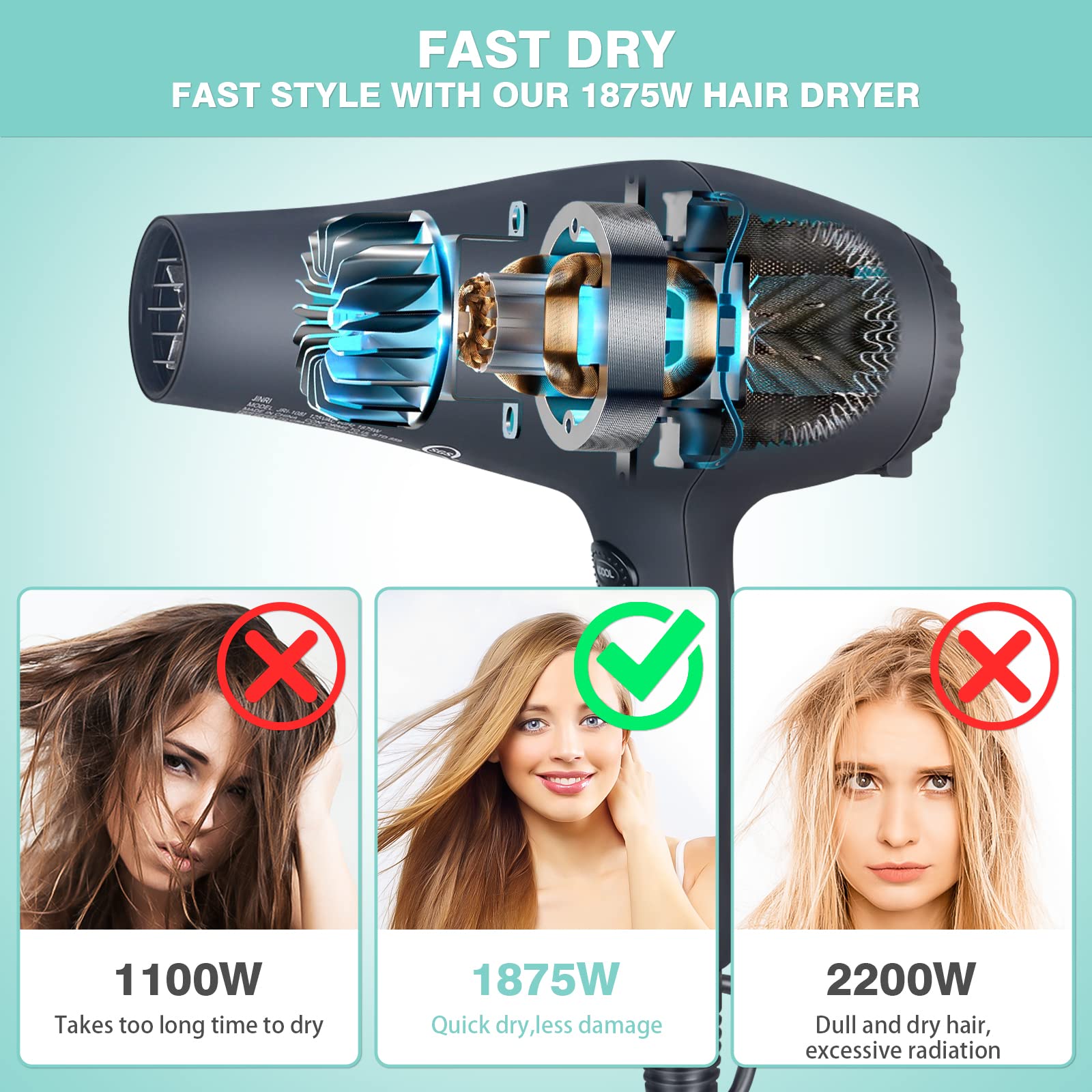 1875W Professional Tourmaline Hair Dryer with Negative Ion Technology - Lightweight, Low Noise Salon Blow Dryer with Diffuser, Concentrator & Comb Attachments - Perfect for Home Use, Travel & Professional Styling