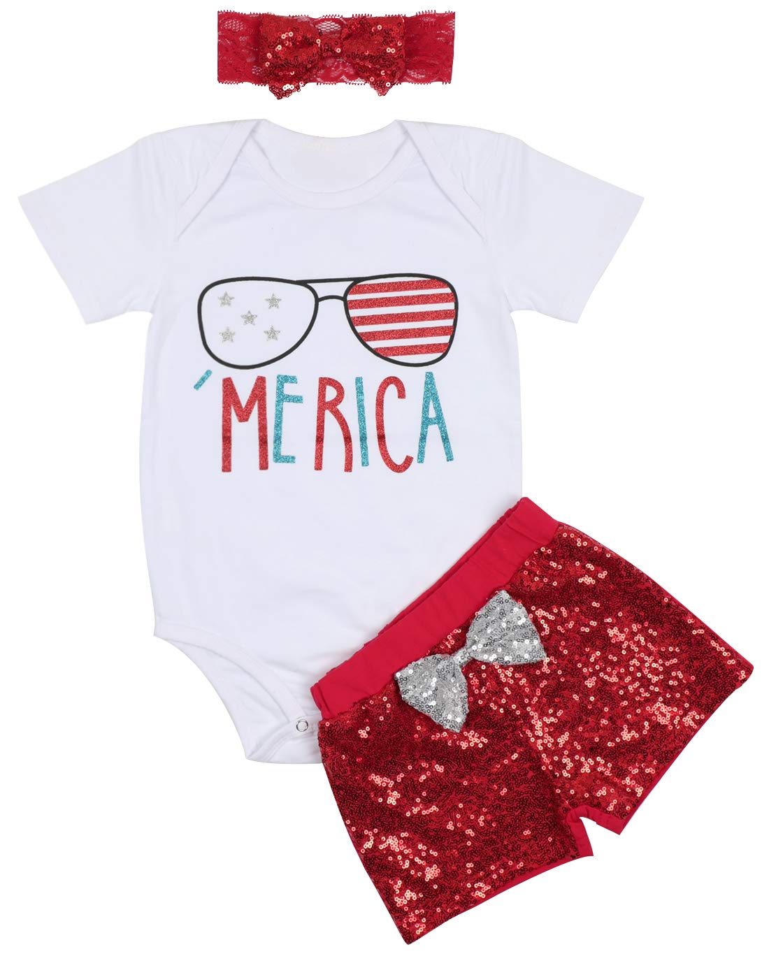 UNIQUEONE 3Pcs Baby Girls American Flag Stars Print Romper Bodysuit with Sequins Shorts & Headbands Set - Patriotic Outfit for 4th of July, Memorial Day & Independence Day Celebrations