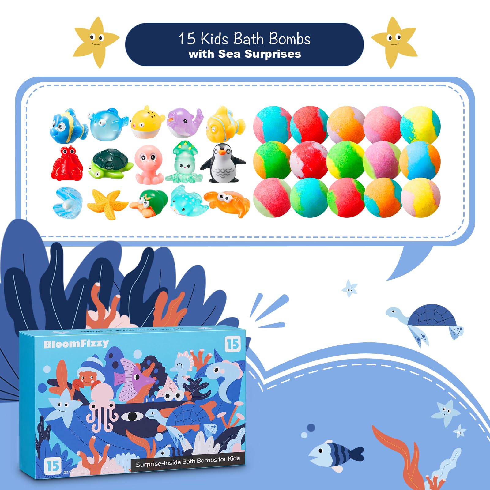 15 Pack Sea Surprise Bath Bombs for Kids - Fizzy Easter Bath Gift Set with Hidden Ocean Toys | Gentle, Scented & Kid-Safe | Fun Bath Time & Easter Basket Stuffers for Boys & Girls | Perfect for Birthday Parties, Easter Gifts & Relaxing Bath Time