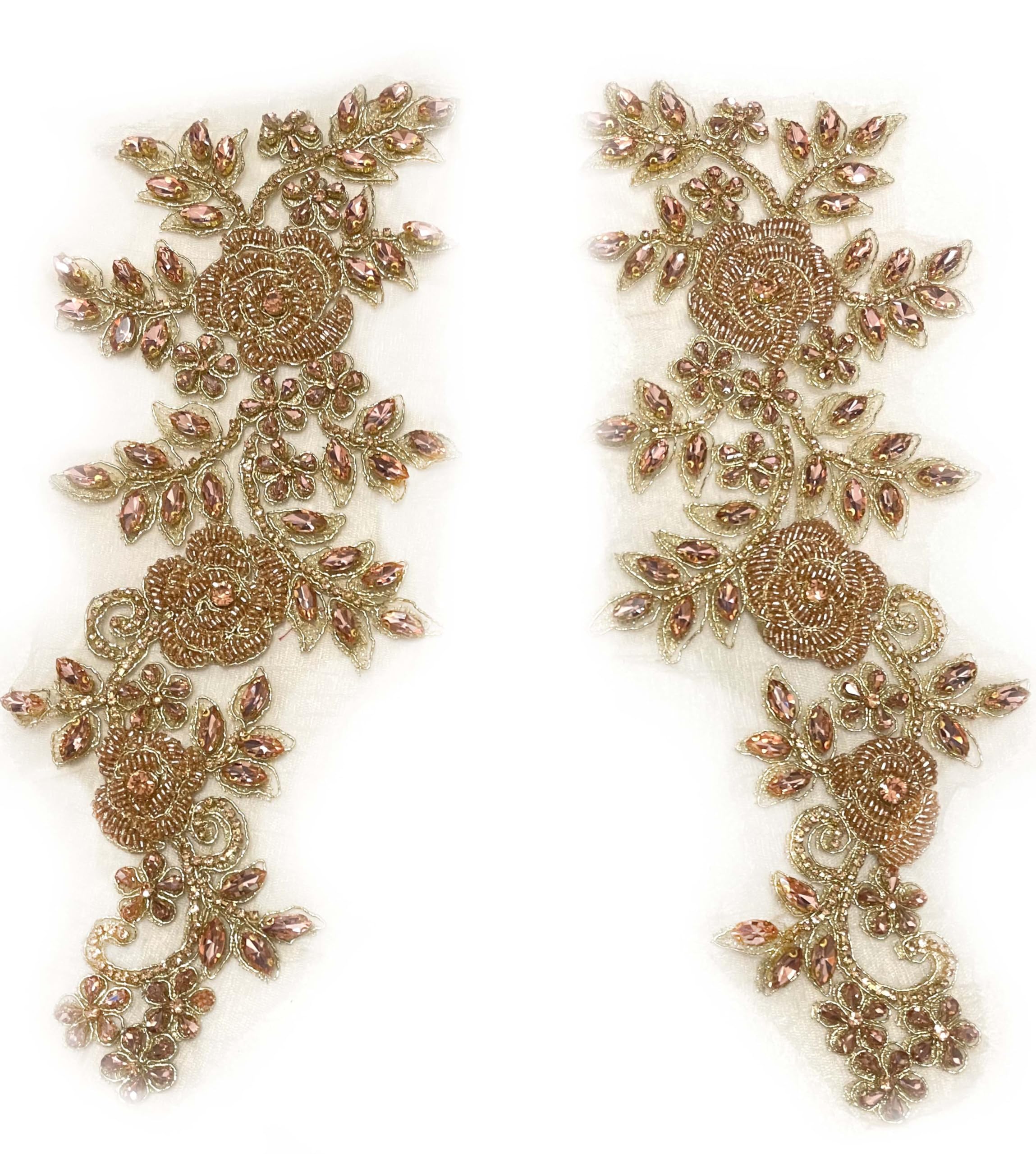 Champagne & Rose Gold Beaded Rose Flowers & Leaves Rhinestone Applique Pair - Elegant Embellishment for Prom Dresses, Belts, Arts & Crafts, Sewing Decorations | Perfect for DIY Wedding Accessories, Costume Design, and Fashion Embellishments