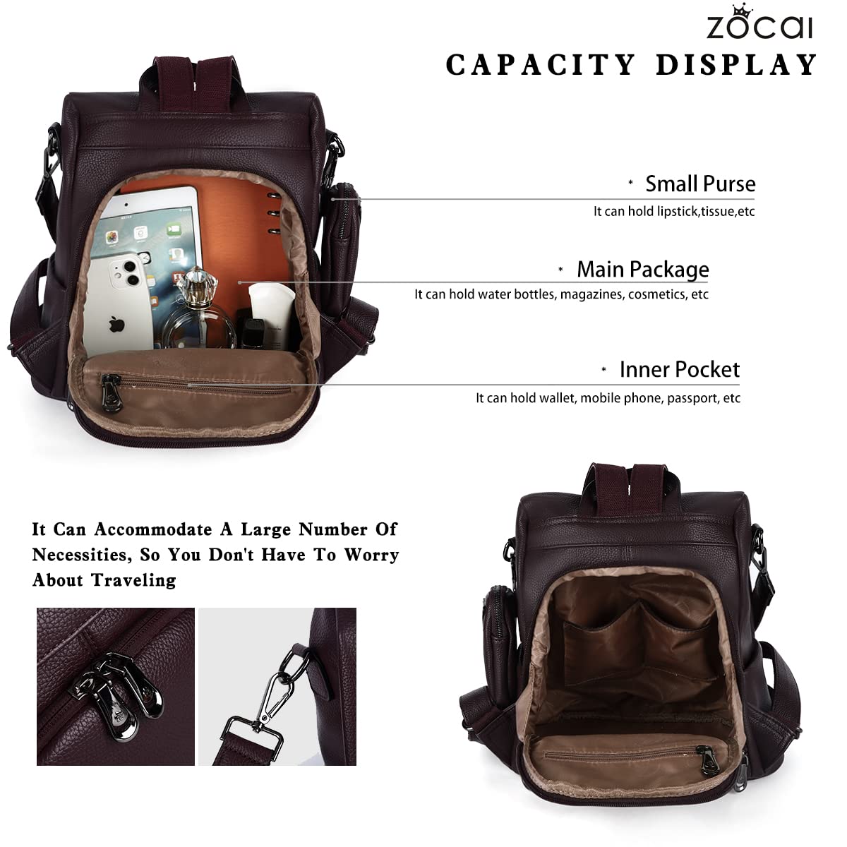 ZOCAI Women's Fashion Backpack Purse - PU Leather Anti-Theft Shoulder Bag & Satchel Daypack for Work, Travel & Daily Use