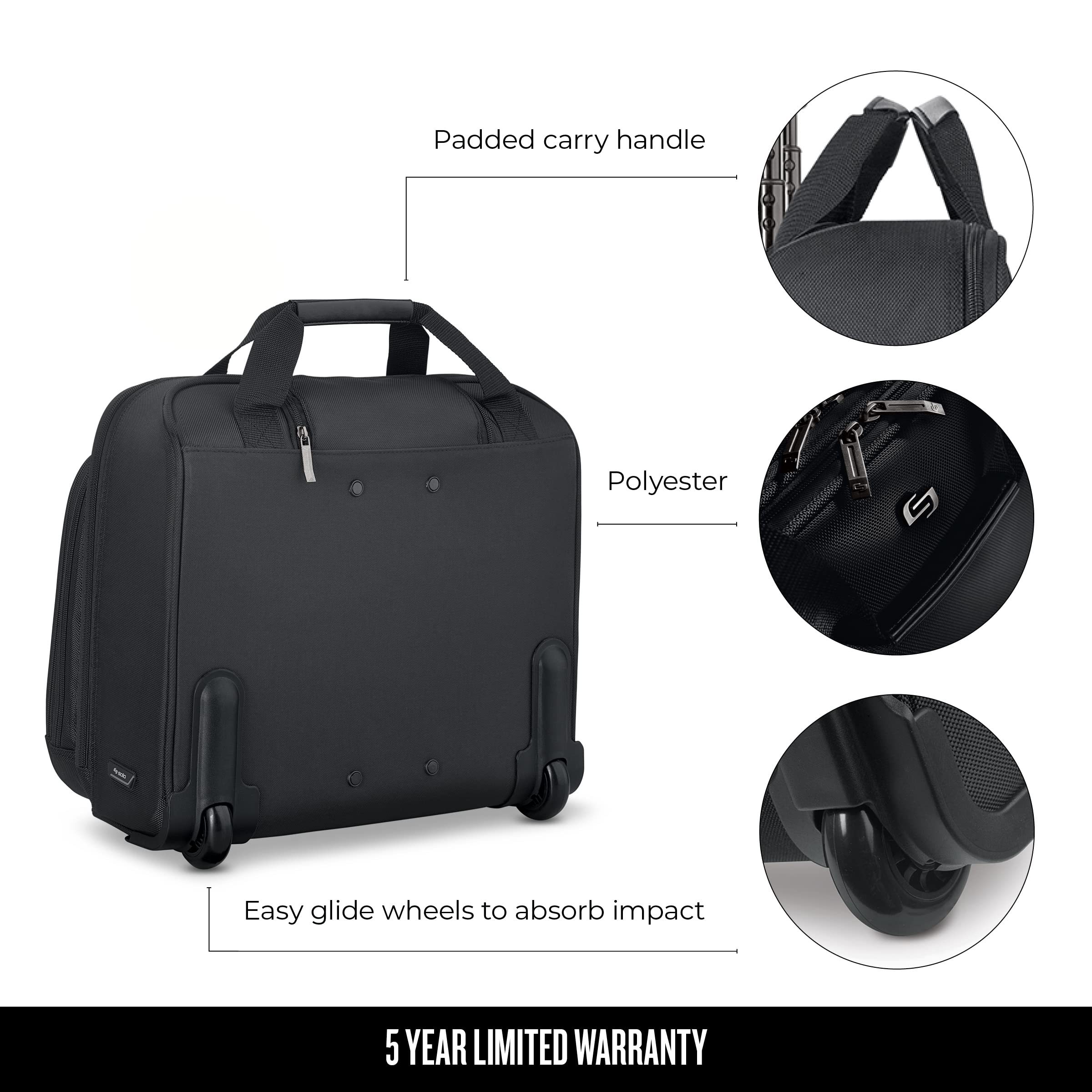 Solo New York Bryant Rolling Laptop Bag with Wheels - 17.3 Inch Wheeled Briefcase for Business Travel, Black Carry On Luggage with Telescoping Handle (14