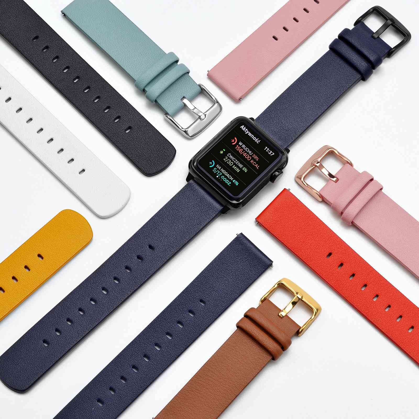 WOCCI 18mm Flexible Leather Watch Band for Smartwatch with Silver Buckle - Navy Blue Replacement Strap for Samsung Galaxy Watch, Fitbit & Wear OS - Perfect for Work, Gym & Casual Wear