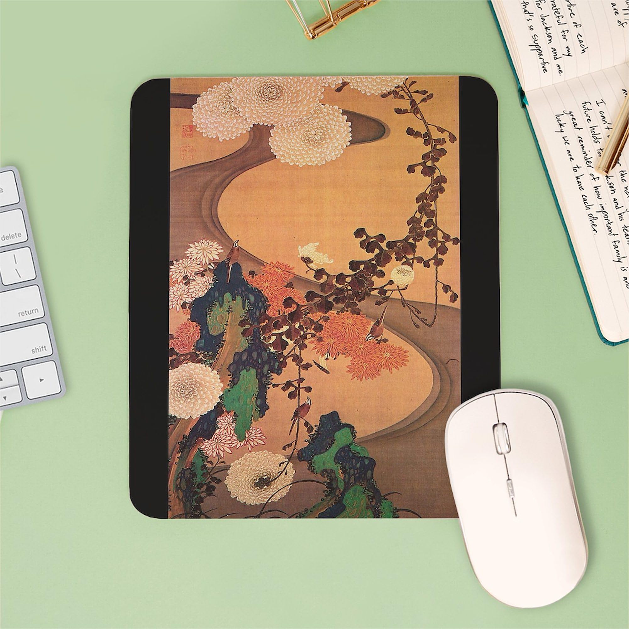 Vintage Japanese Chrysanthemum Flowers Painting Mouse Pad - Non-Slip Rubber Gaming Mousepad for PC, Laptop, Office & Home Use