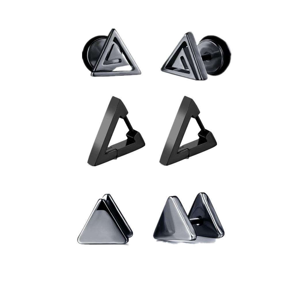 Goth Black Triangle Stud Earrings for Men & Women - 3 Pairs Pyramid Tunnel Ear Plugs Set - Perfect for Gothic Fashion, Punk Style & Body Piercing Jewelry