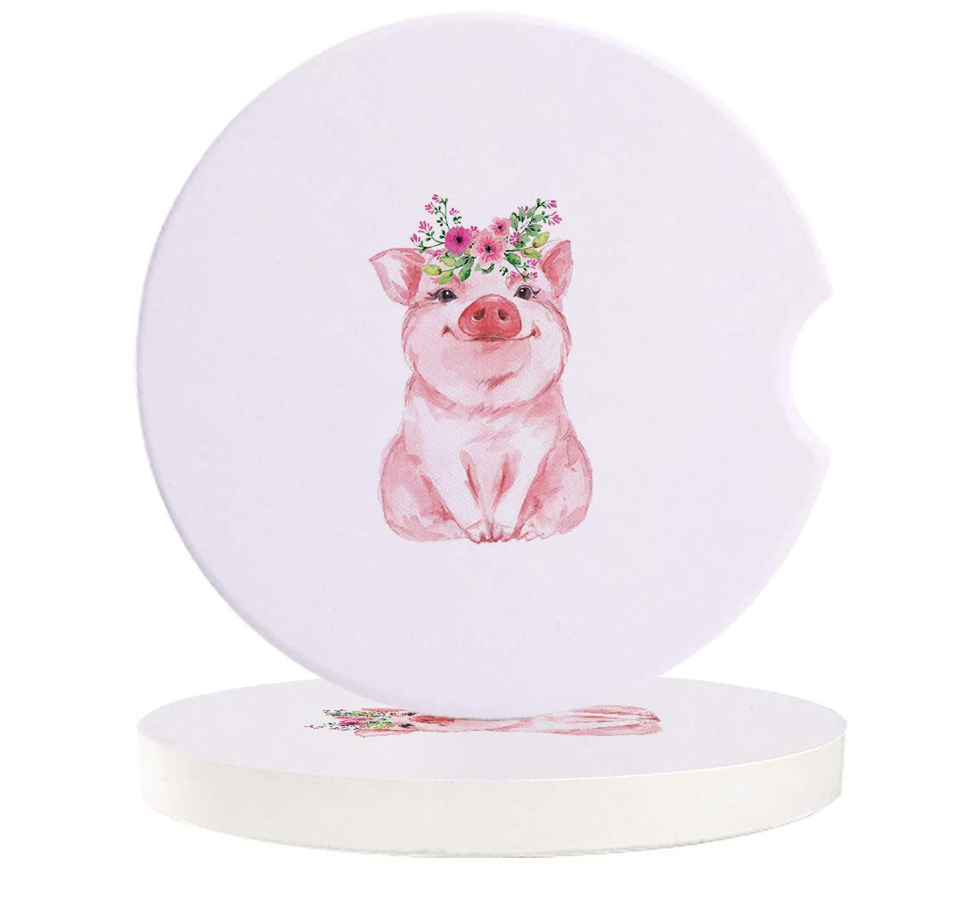 2 Pack Absorbent Ceramic Car Coasters for Women & Men - Cute Pig Design, Watercolor Flower Animal Print - Perfect for Car, Office, Kitchen & Living Room | Funny Automotive Cup Holder Accessories for Beverage Protection