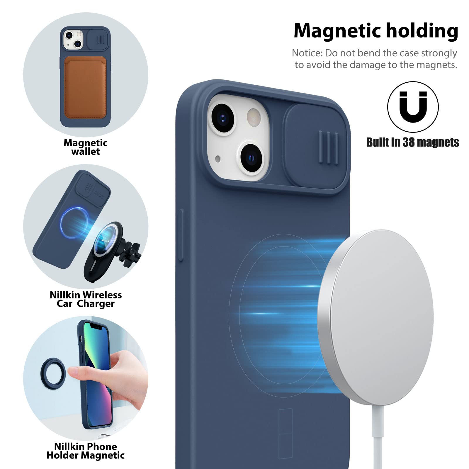 Nillkin Magnetic iPhone 14 Case & iPhone 13 Case - Magsafe Compatible, Slide Camera Cover, Silicone Protective Phone Cover for iPhone 14/13 (6.1 Inch) - Midnight Blue | Perfect for Work, Travel & Everyday Protection