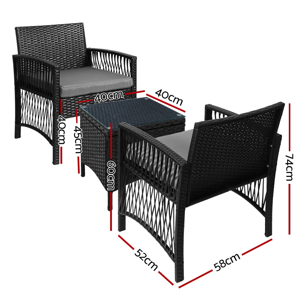 3-Piece Outdoor Bistro Set - Patio Furniture with Wicker Dining Chairs & Table - Black Cushion Included - Perfect for Garden, Balcony, and Backyard Relaxation